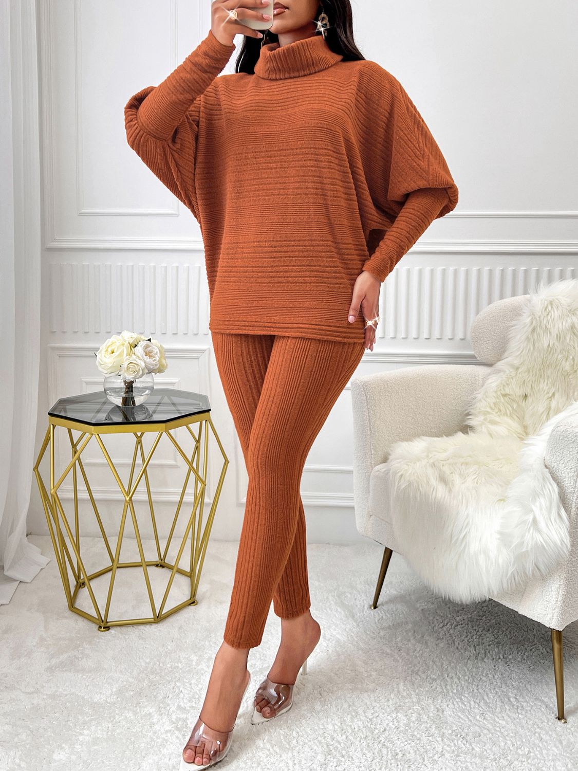 Turtleneck Batwing Sleeve Top and Pants Set - Flip Flop Dynasty