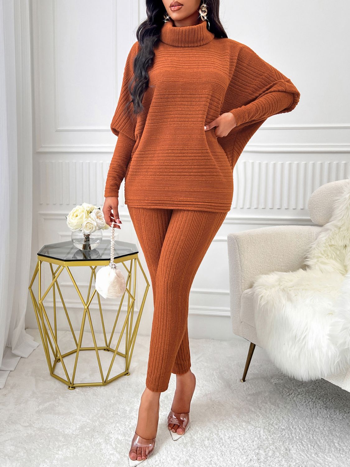 Turtleneck Batwing Sleeve Top and Pants Set - Flip Flop Dynasty