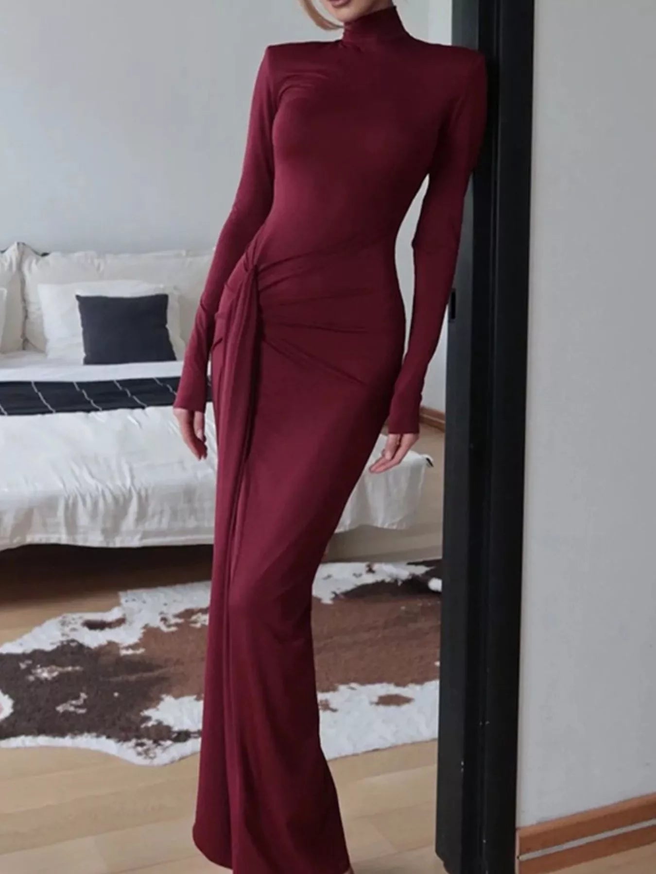 Turtleneck Long Sleeve Slit Maxi Dress - Flip Flop Dynasty