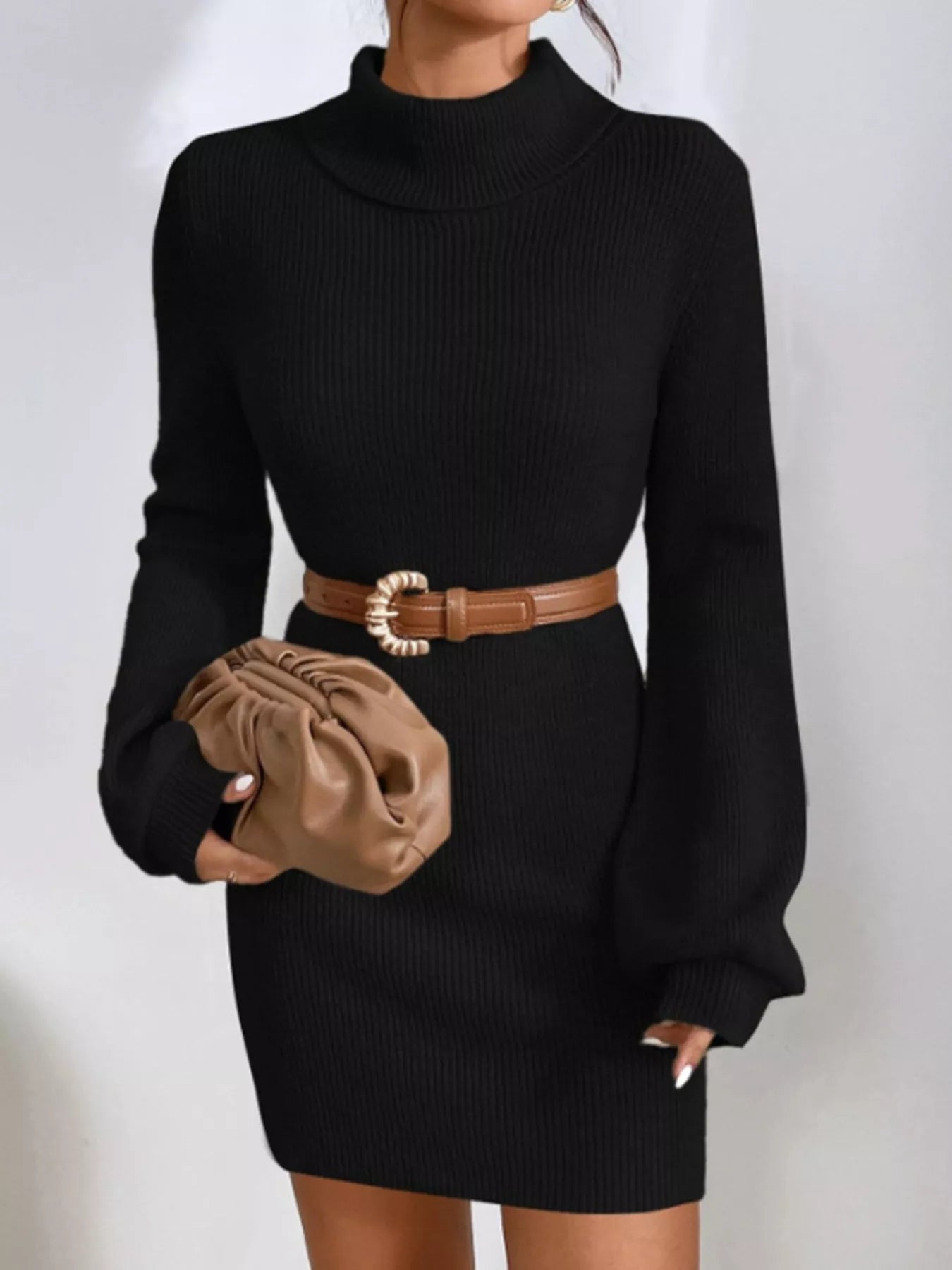 Turtleneck Ribbed Knit Sweater Dress - Flip Flop Dynasty