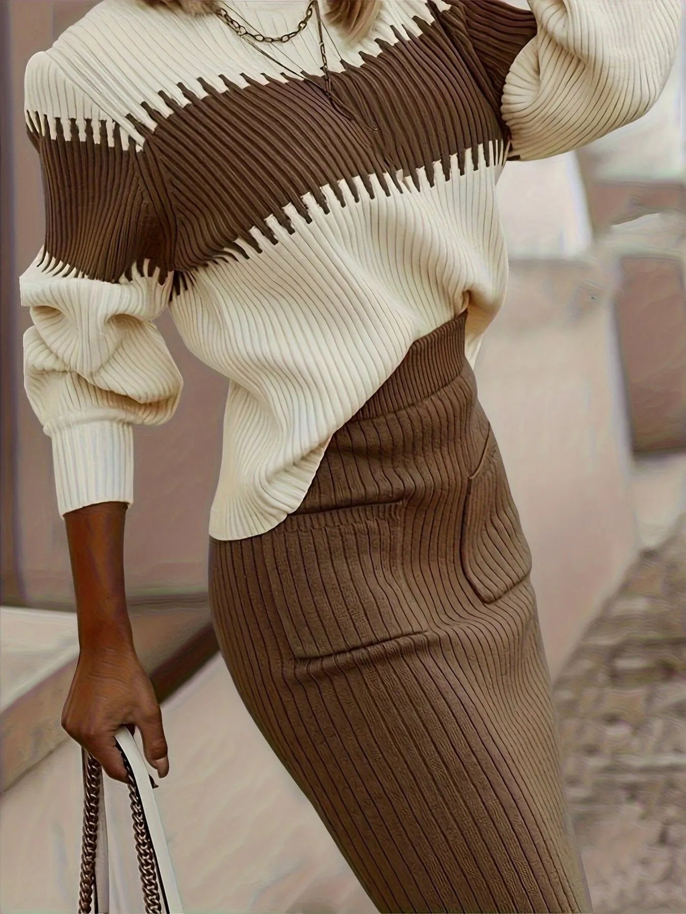 Two - Tone Ribbed Knit Top and Skirt Sweater Set - Flip Flop Dynasty