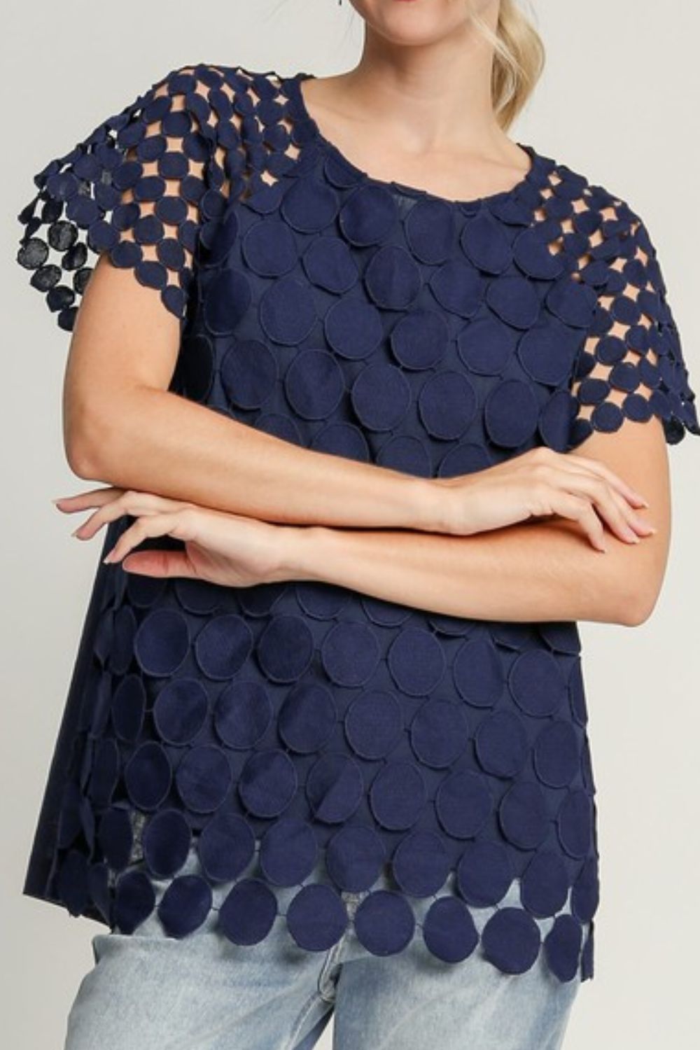 Umgee Full Size Mixed Polka Dot Lace Raglan Sleeve Boxy Cut Top Plus Size - Flip Flop Dynasty