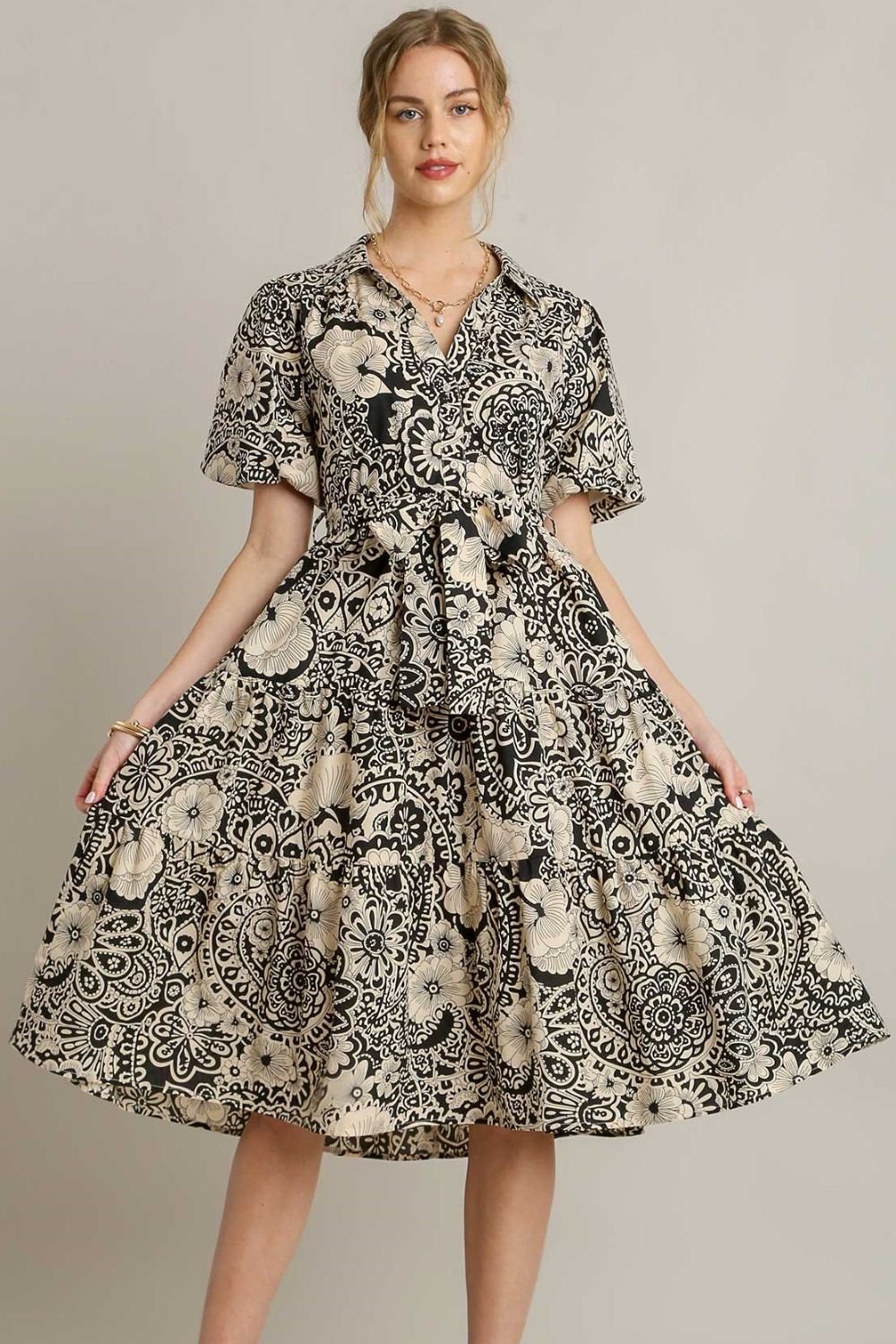 Umgee Full Size Mixed Print A - Line Tiered Midi Dress Plus Size - Flip Flop Dynasty