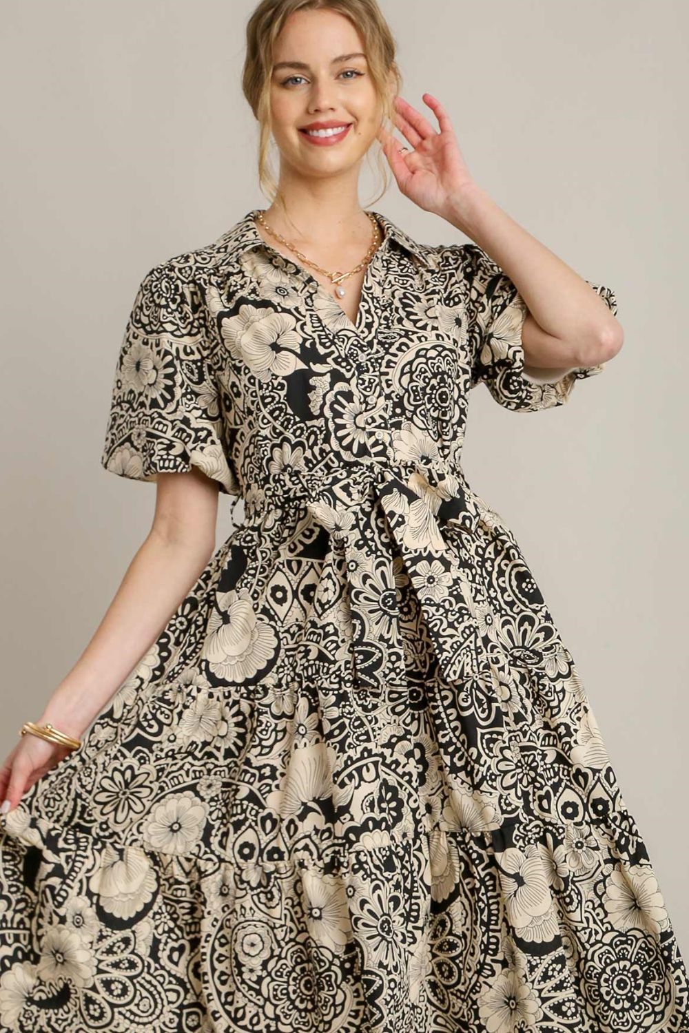 Umgee Full Size Mixed Print A - Line Tiered Midi Dress Plus Size - Flip Flop Dynasty