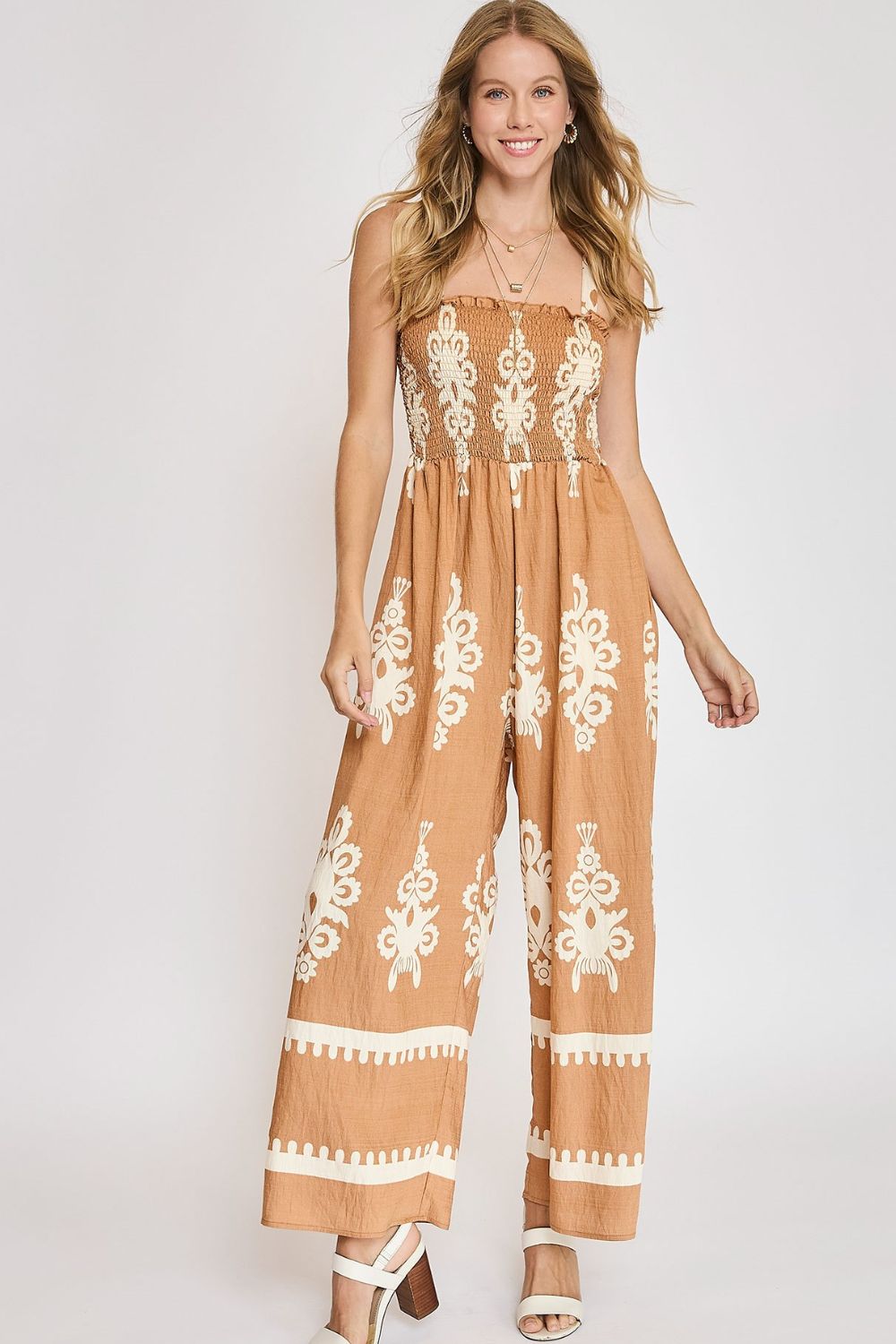 Umgee Full Size Smocked Printed Wide Leg Jumpsuit Plus Size - Flip Flop Dynasty