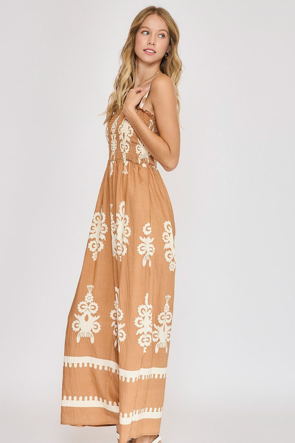 Umgee Full Size Smocked Printed Wide Leg Jumpsuit Plus Size - Flip Flop Dynasty