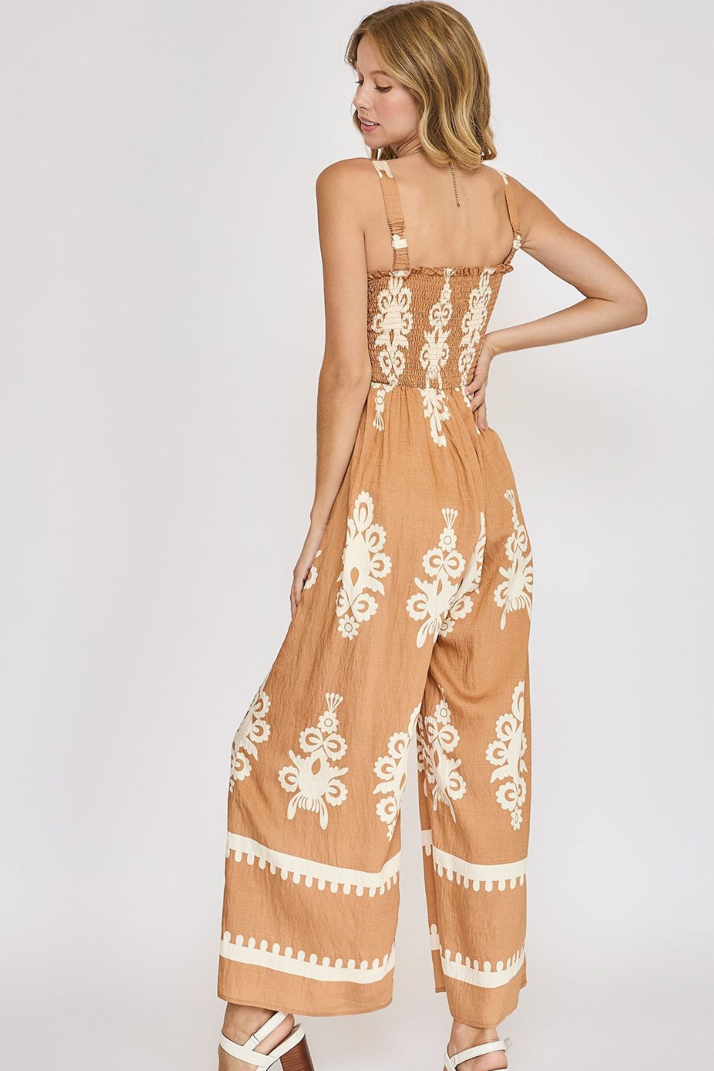 Umgee Full Size Smocked Printed Wide Leg Jumpsuit Plus Size - Flip Flop Dynasty