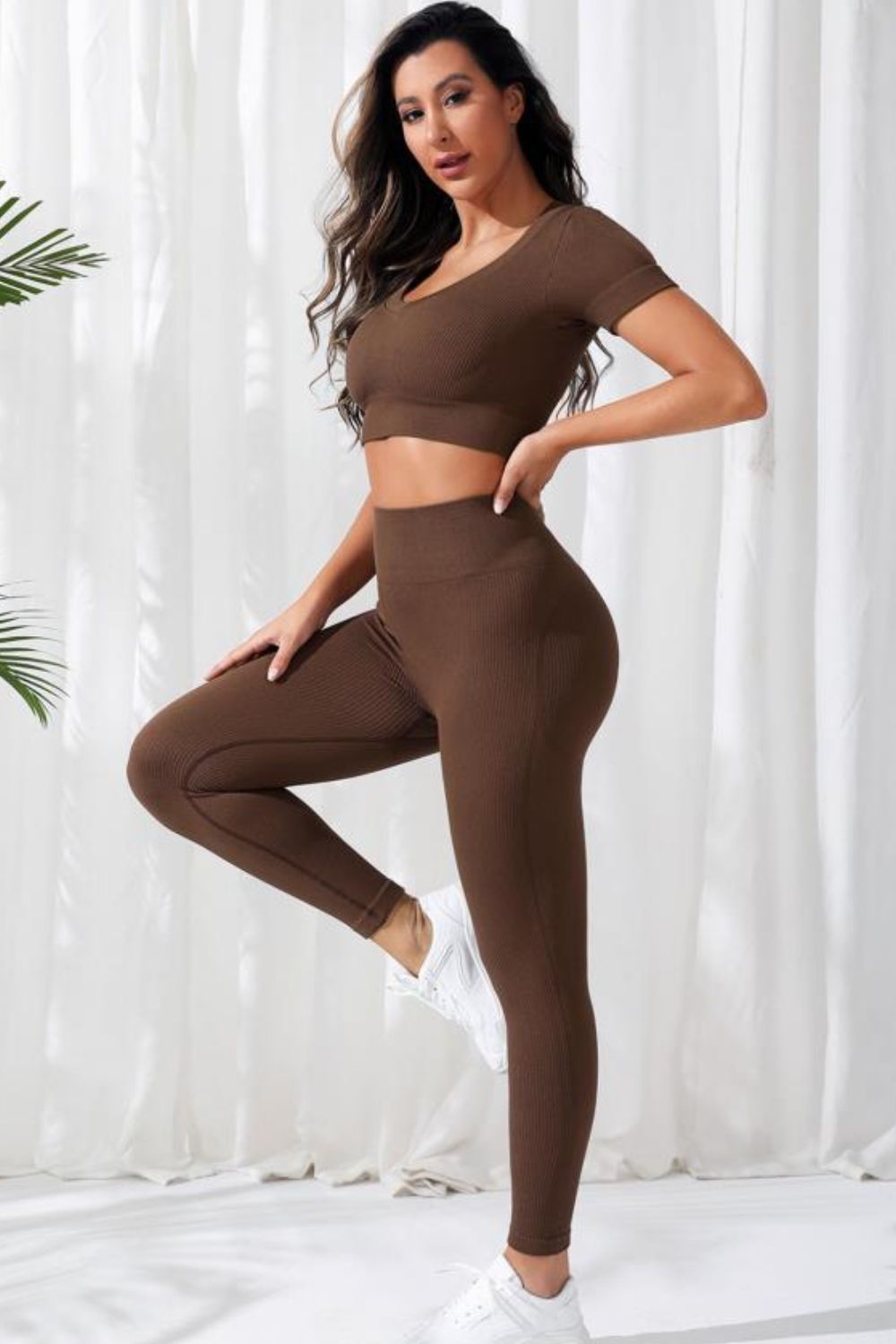 V - Neck Crop Top and High Waistband Long Active Pants - Flip Flop Dynasty
