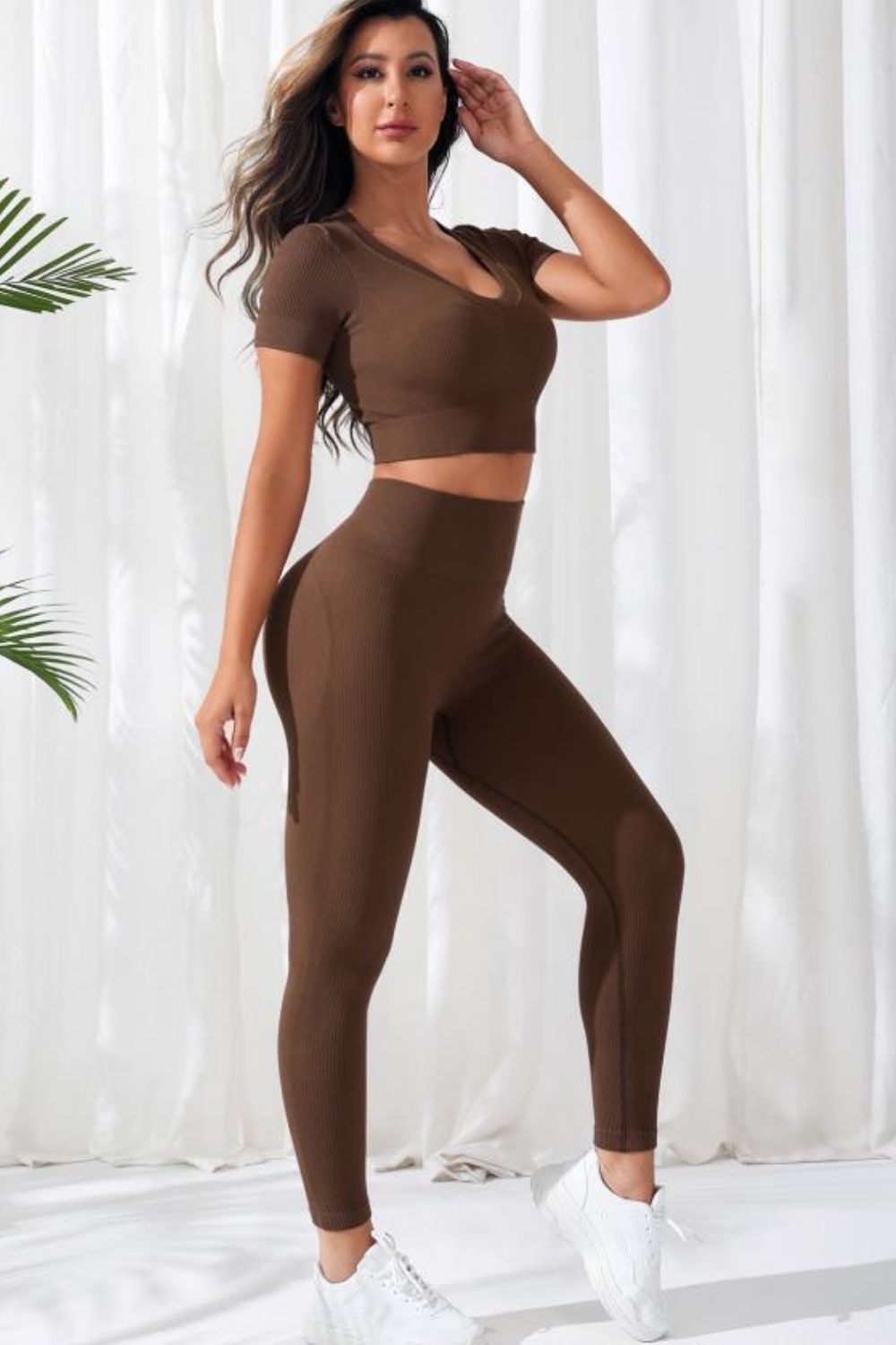 V - Neck Crop Top and High Waistband Long Active Pants - Flip Flop Dynasty