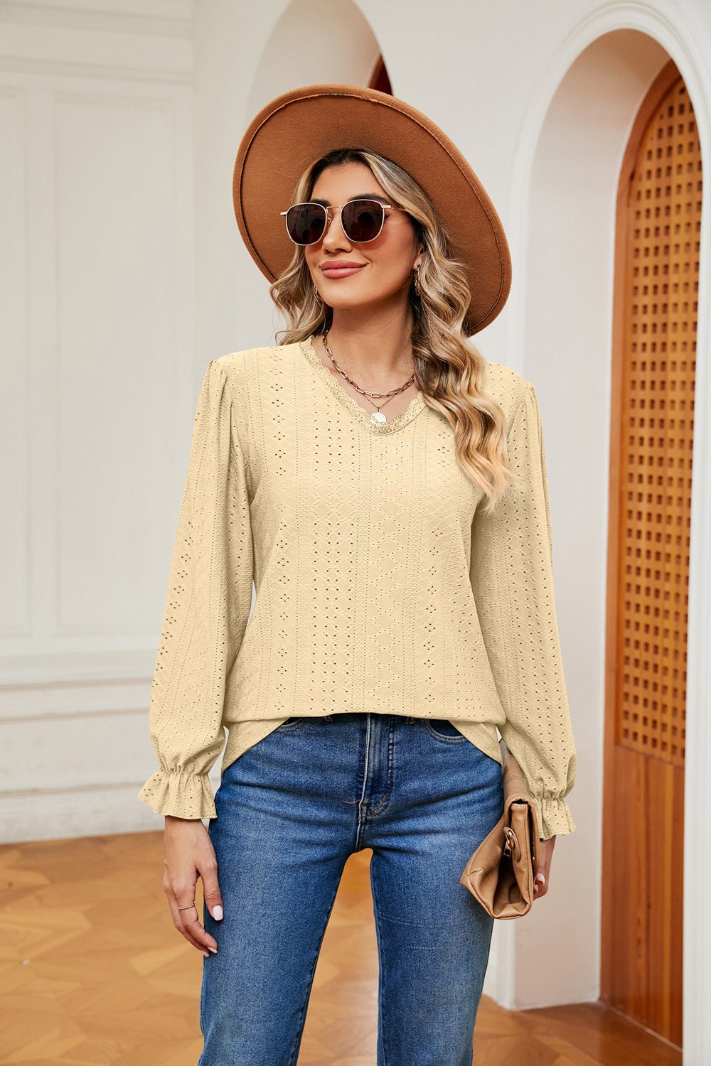 V-Neck Flounce Sleeve Blouse - Flip Flop Dynasty