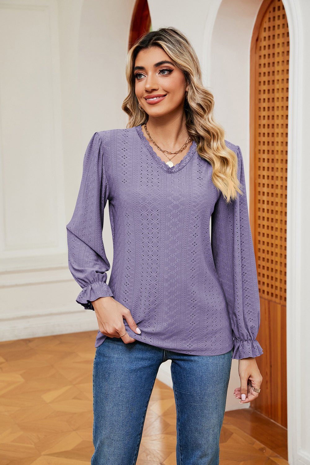 V-Neck Flounce Sleeve Blouse - Flip Flop Dynasty