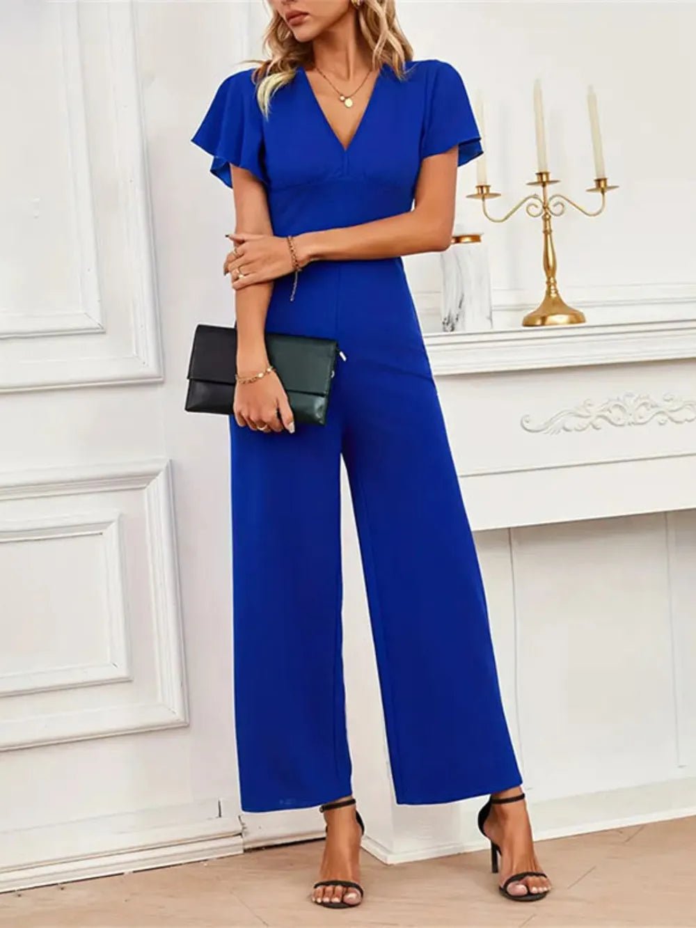 V - Neck Flutter Sleeve Jumpsuit - Flip Flop Dynasty