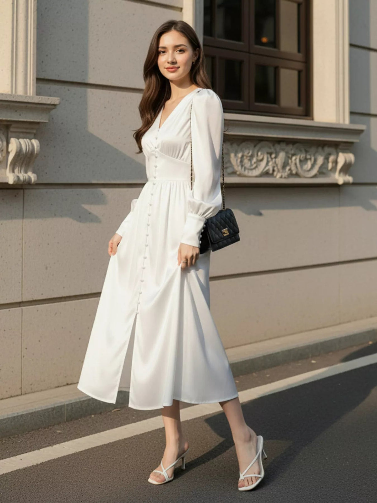 V-Neck Lantern Sleeve Midi Dress - Flip Flop Dynasty