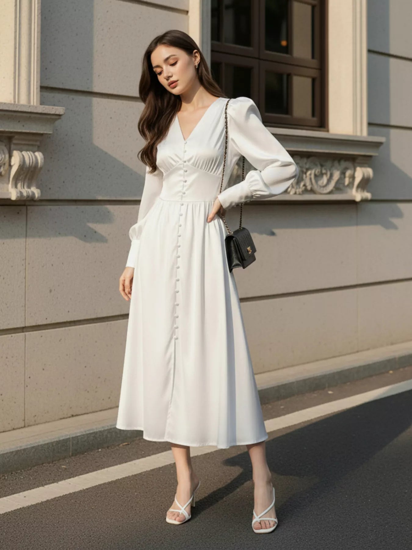 V-Neck Lantern Sleeve Midi Dress - Flip Flop Dynasty