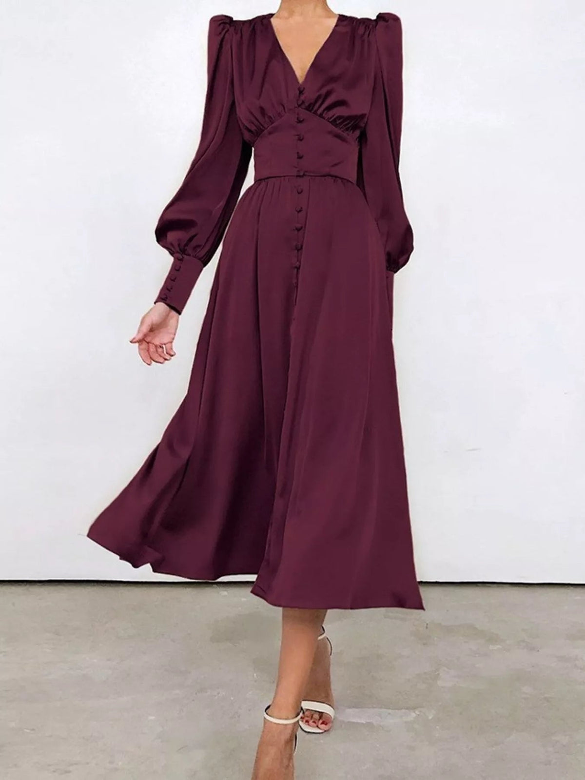 V-Neck Lantern Sleeve Midi Dress - Flip Flop Dynasty