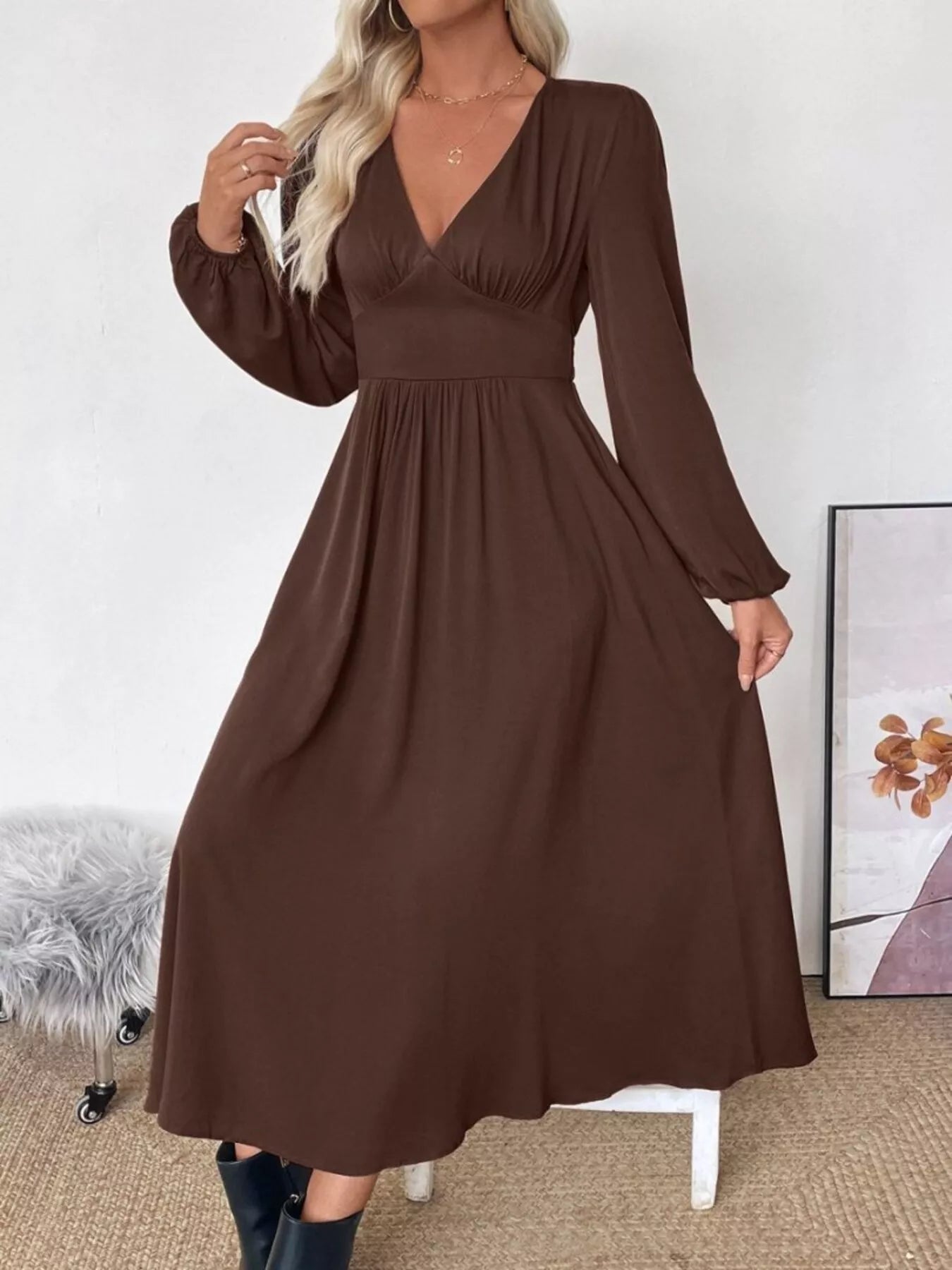 V - Neck Long Sleeve A - Line Midi Dress - Flip Flop Dynasty