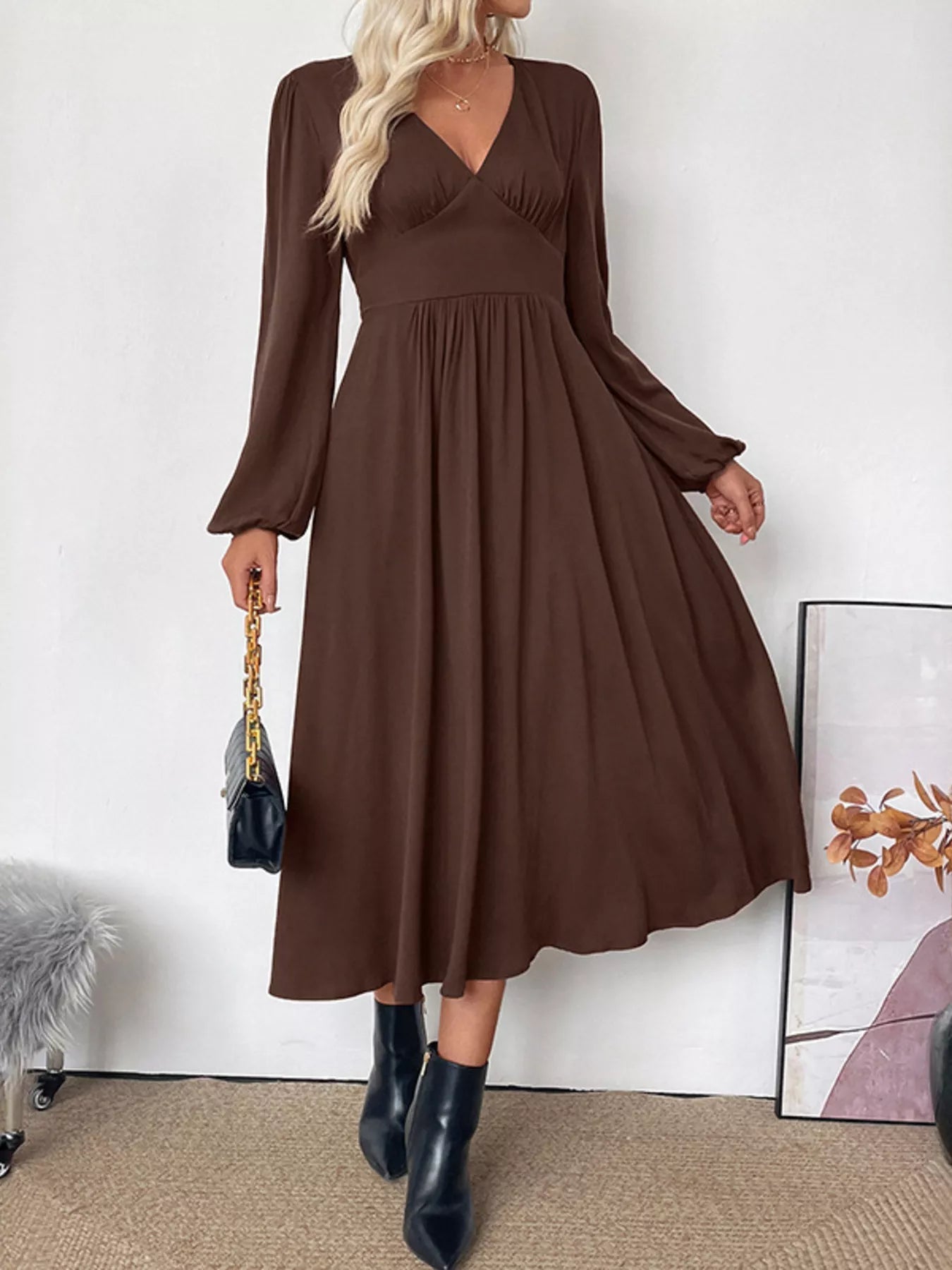 V - Neck Long Sleeve A - Line Midi Dress - Flip Flop Dynasty