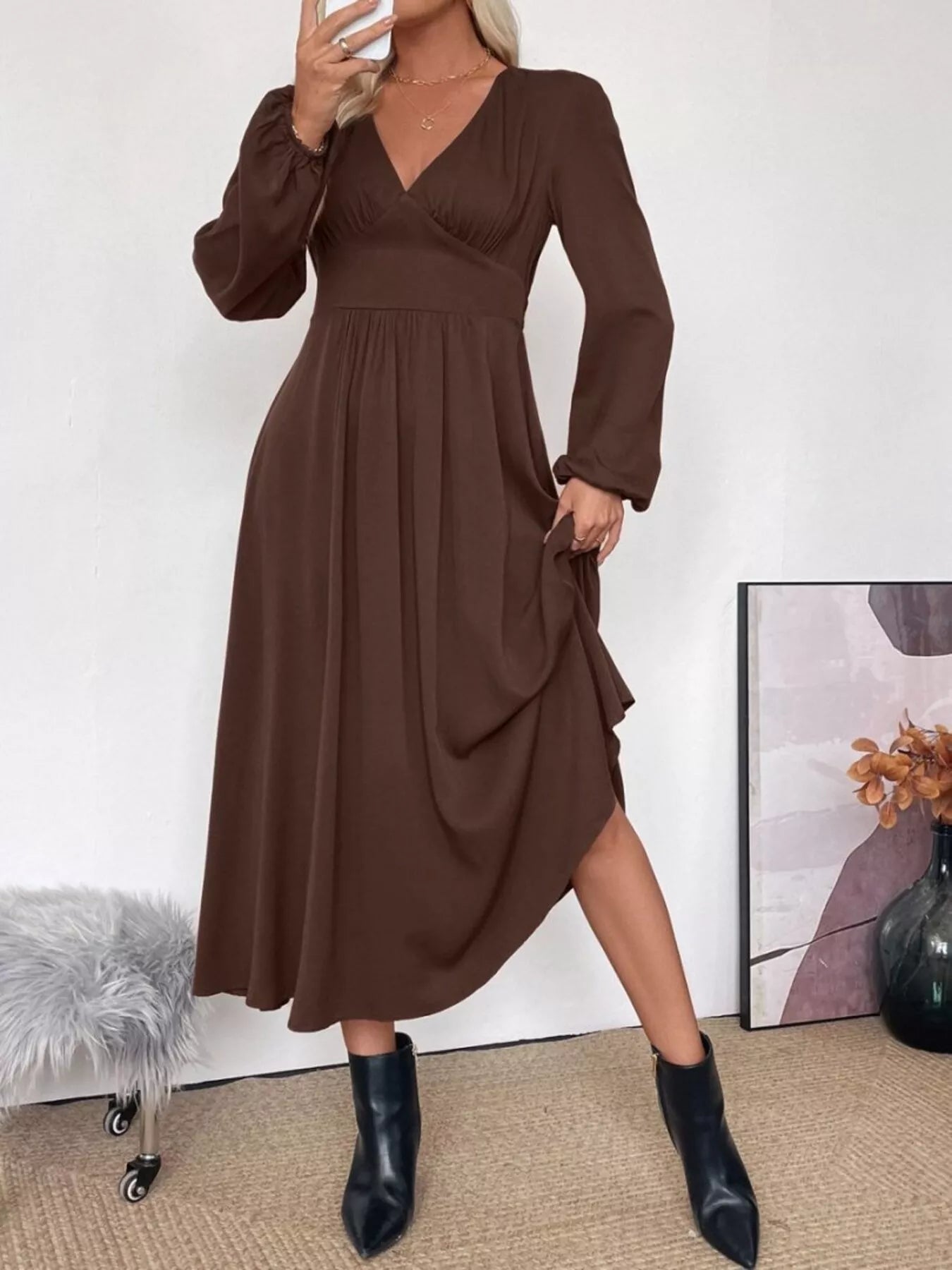 V - Neck Long Sleeve A - Line Midi Dress - Flip Flop Dynasty