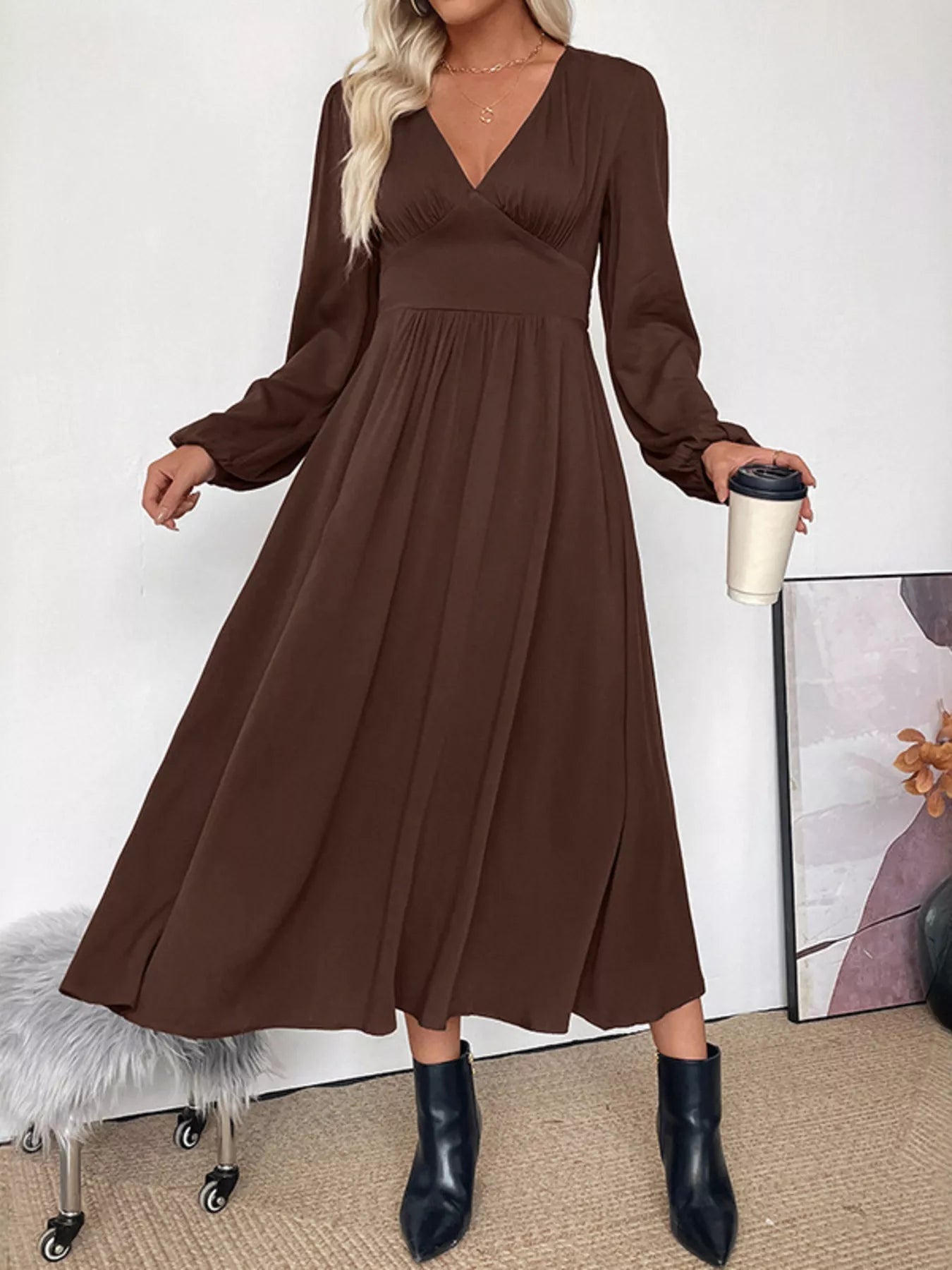 V - Neck Long Sleeve A - Line Midi Dress - Flip Flop Dynasty