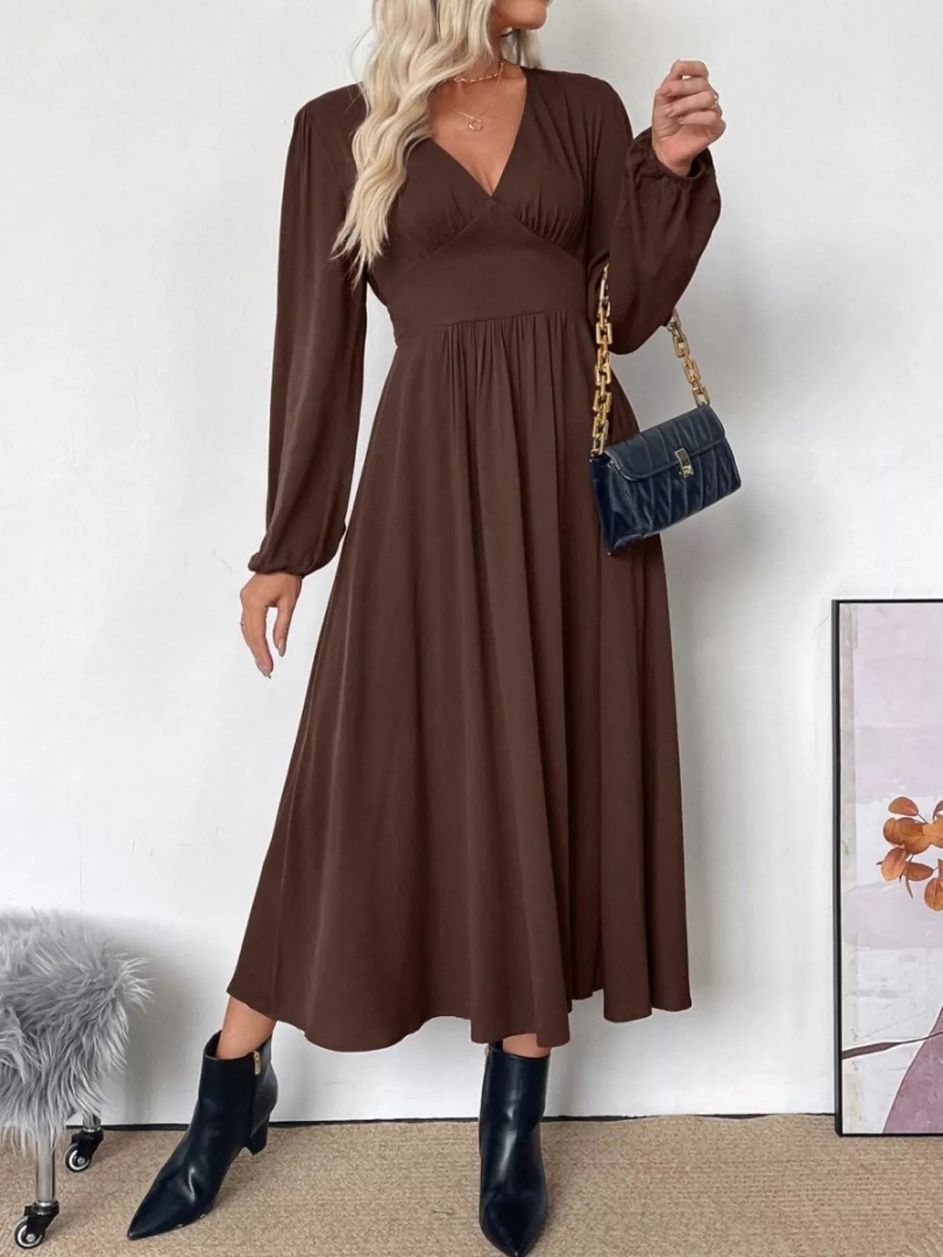 V - Neck Long Sleeve A - Line Midi Dress - Flip Flop Dynasty