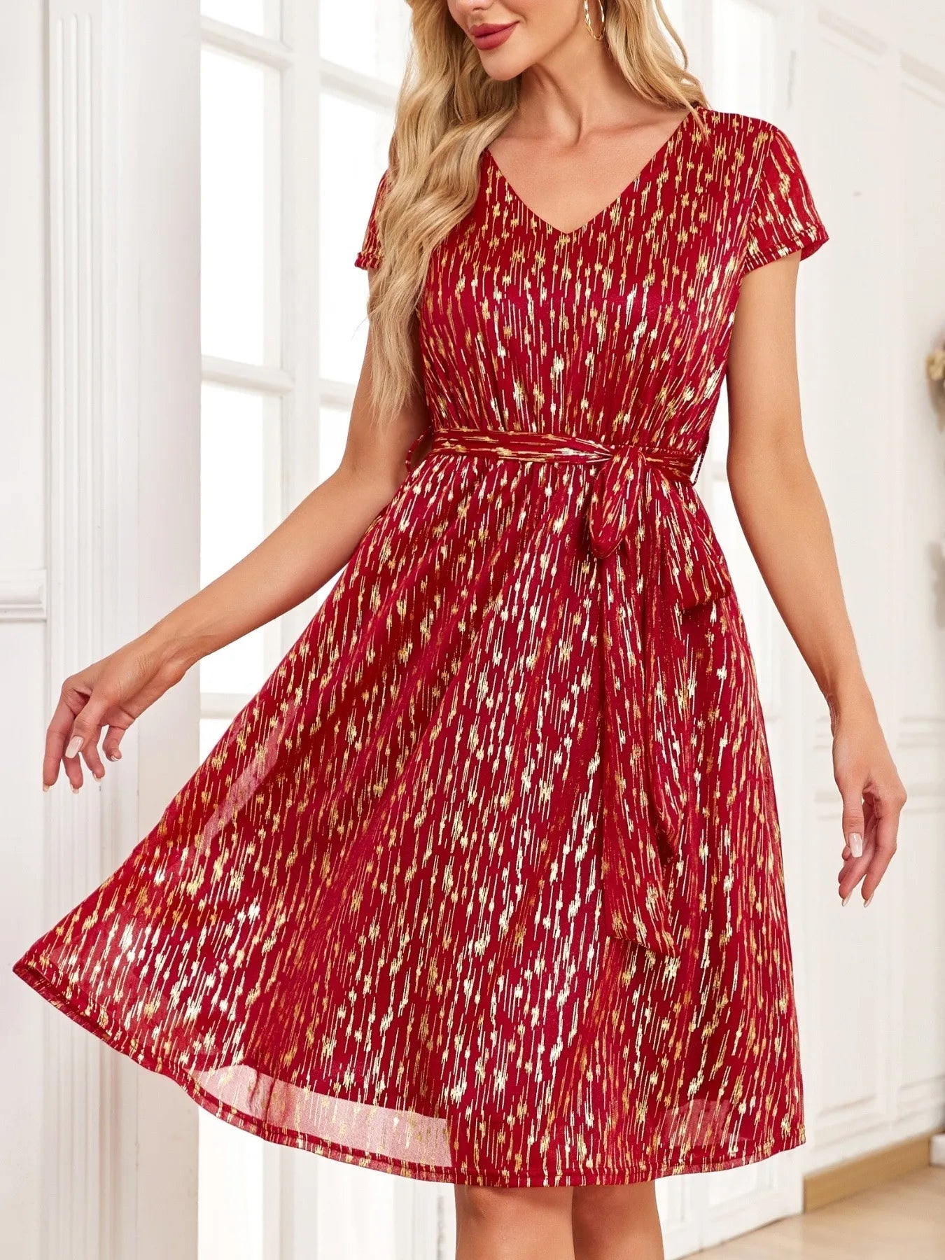 V-Neck Metallic Print Dress - Flip Flop Dynasty