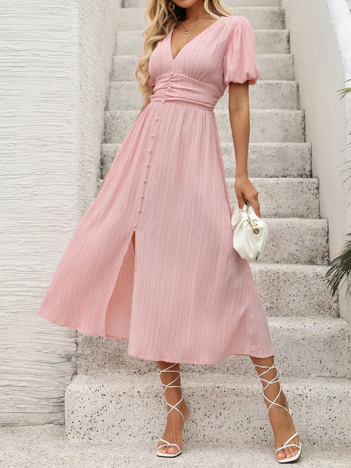V - Neck Puff Sleeve Dress - Flip Flop Dynasty