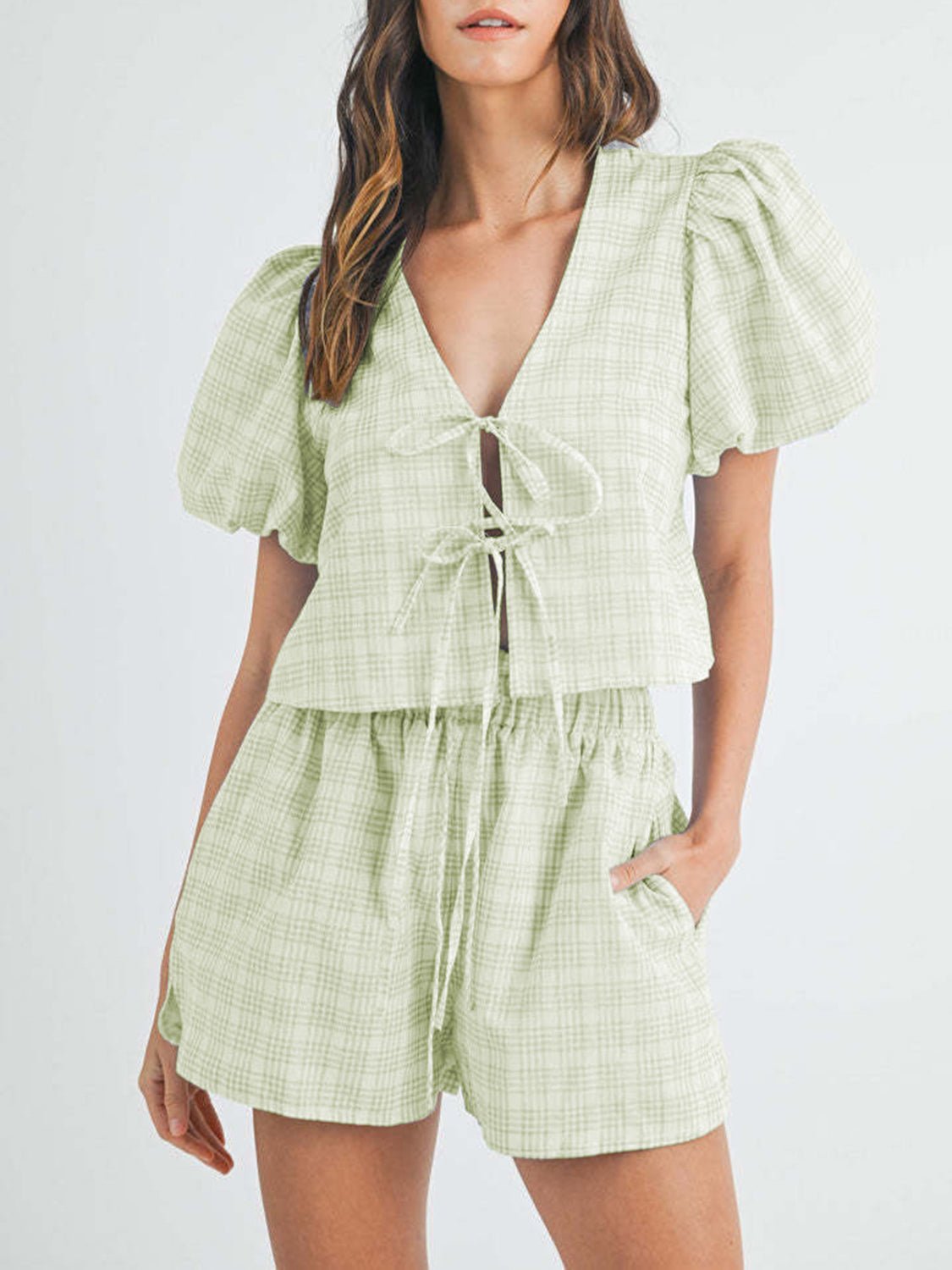 V - Neck Puff Sleeve Top and Shorts Set - Flip Flop Dynasty