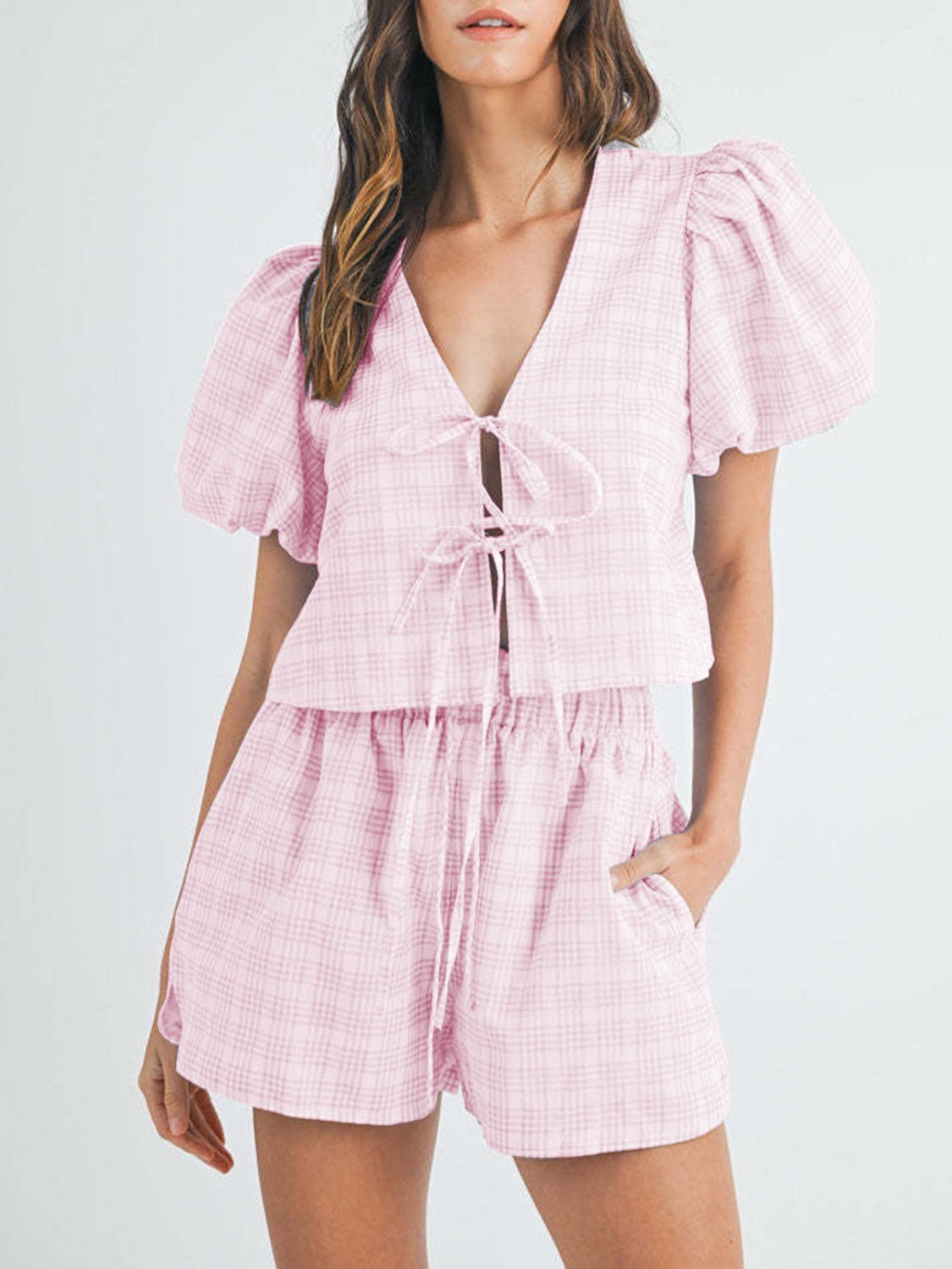 V - Neck Puff Sleeve Top and Shorts Set - Flip Flop Dynasty