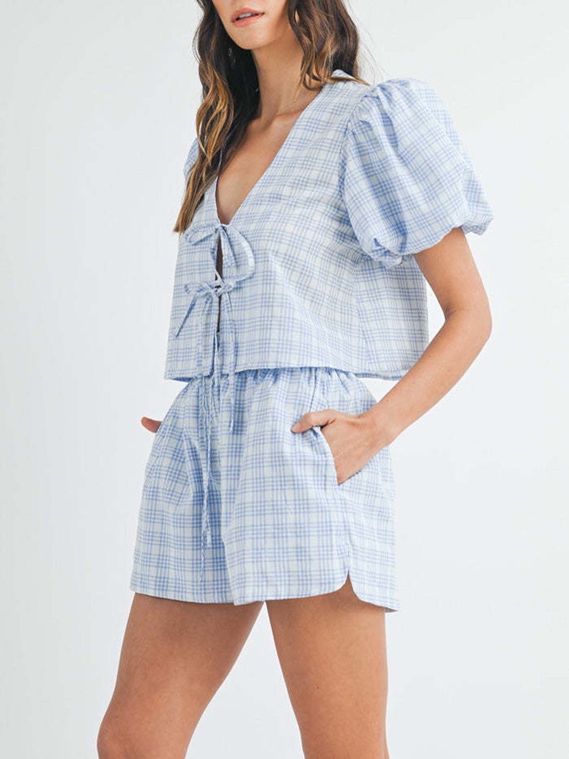 V - Neck Puff Sleeve Top and Shorts Set - Flip Flop Dynasty