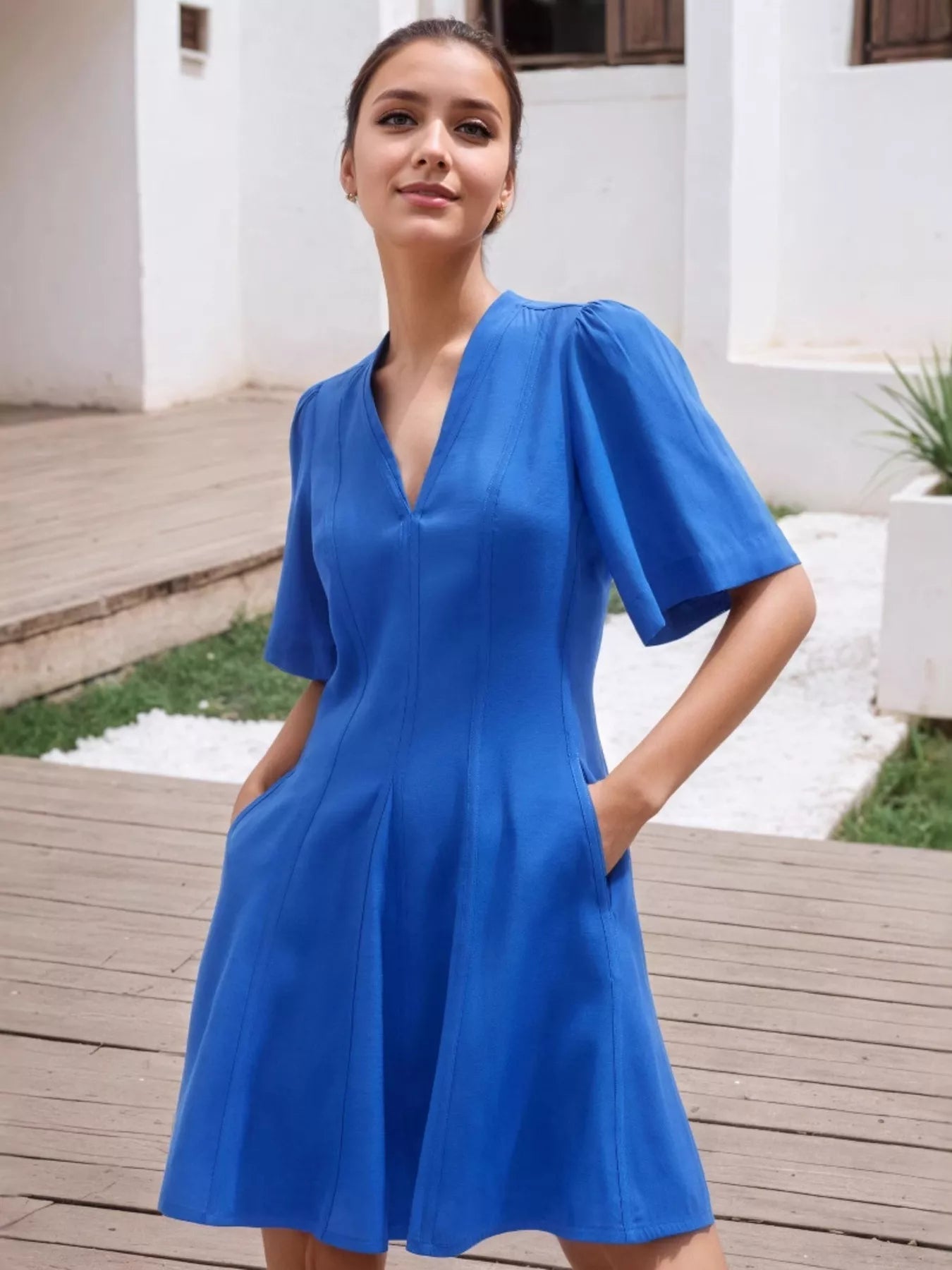 V - Neck Short Sleeve Dress with Pockets - Flip Flop Dynasty