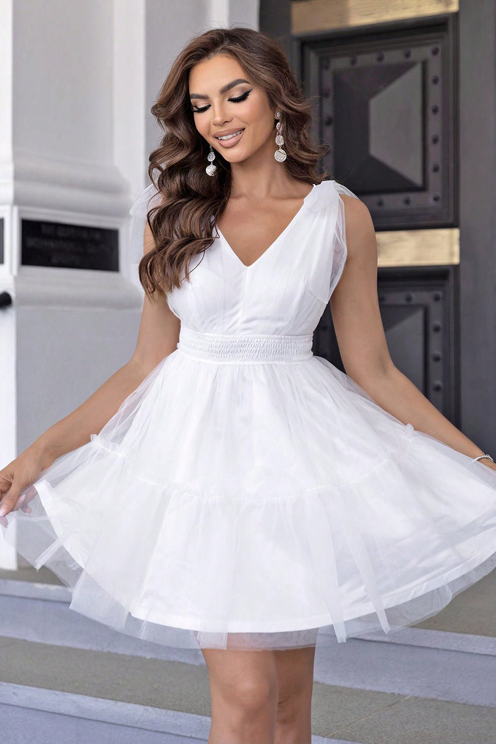 V - Neck Shoulder Detail Mesh Dress - Flip Flop Dynasty