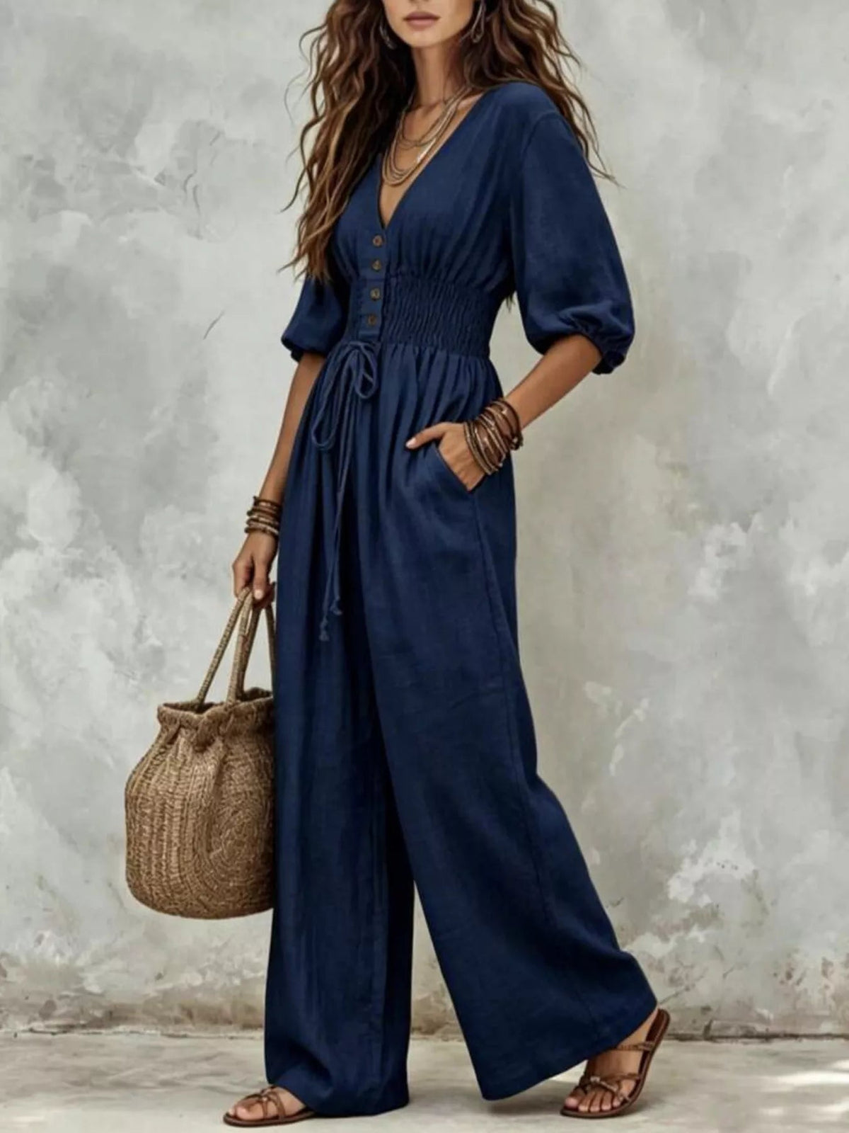 V-Neck Smocked Waist Wide-Leg Jumpsuit - Flip Flop Dynasty