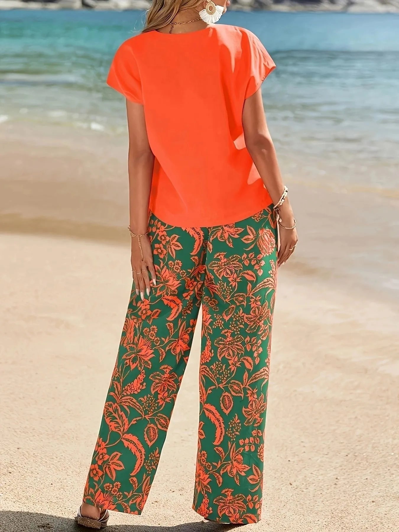 V - Neck Top and Summer Beach Floral Print Pants Two - Piece Set - Flip Flop Dynasty