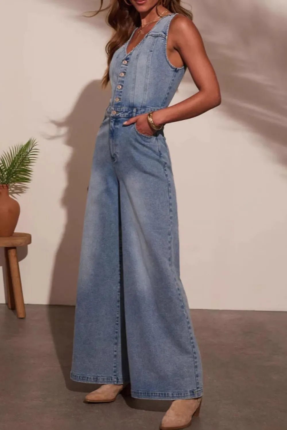 V - neck Wide Leg Denim Jumpsuit - Flip Flop Dynasty