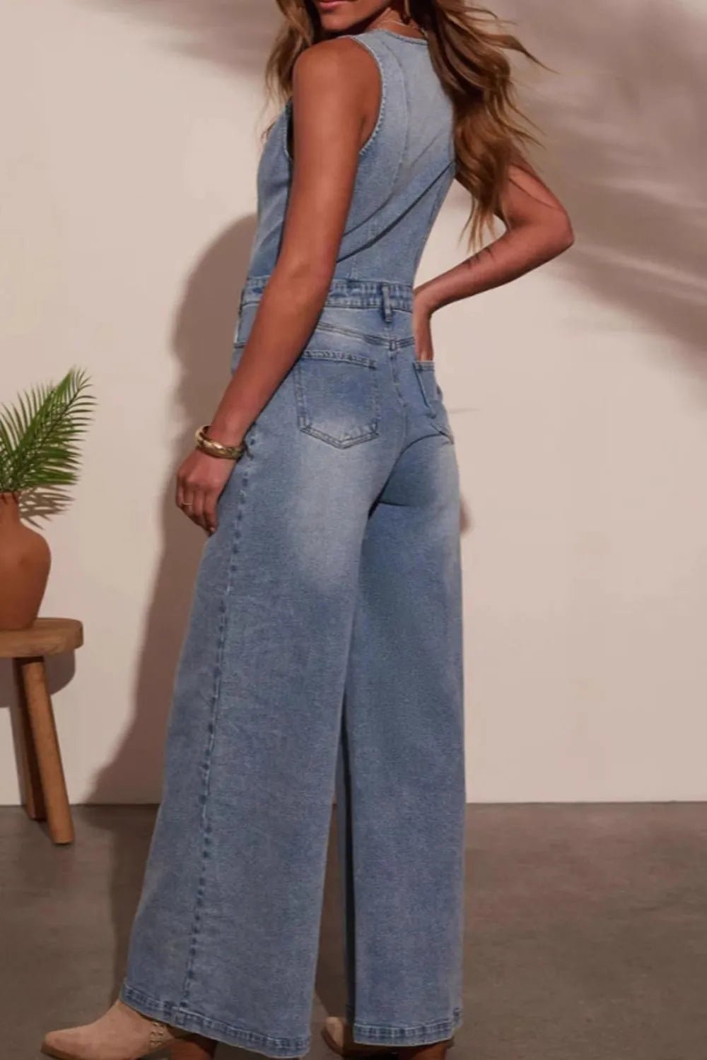 V - neck Wide Leg Denim Jumpsuit - Flip Flop Dynasty