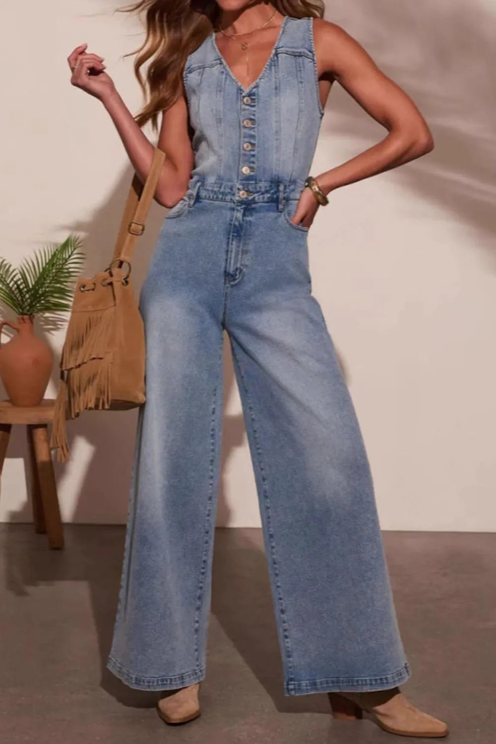 V - neck Wide Leg Denim Jumpsuit - Flip Flop Dynasty