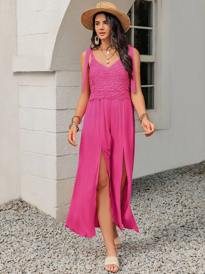 V - Neck Wide Strap Slit Jumpsuit - Flip Flop Dynasty