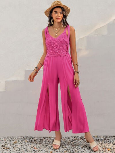 V - Neck Wide Strap Slit Jumpsuit - Flip Flop Dynasty