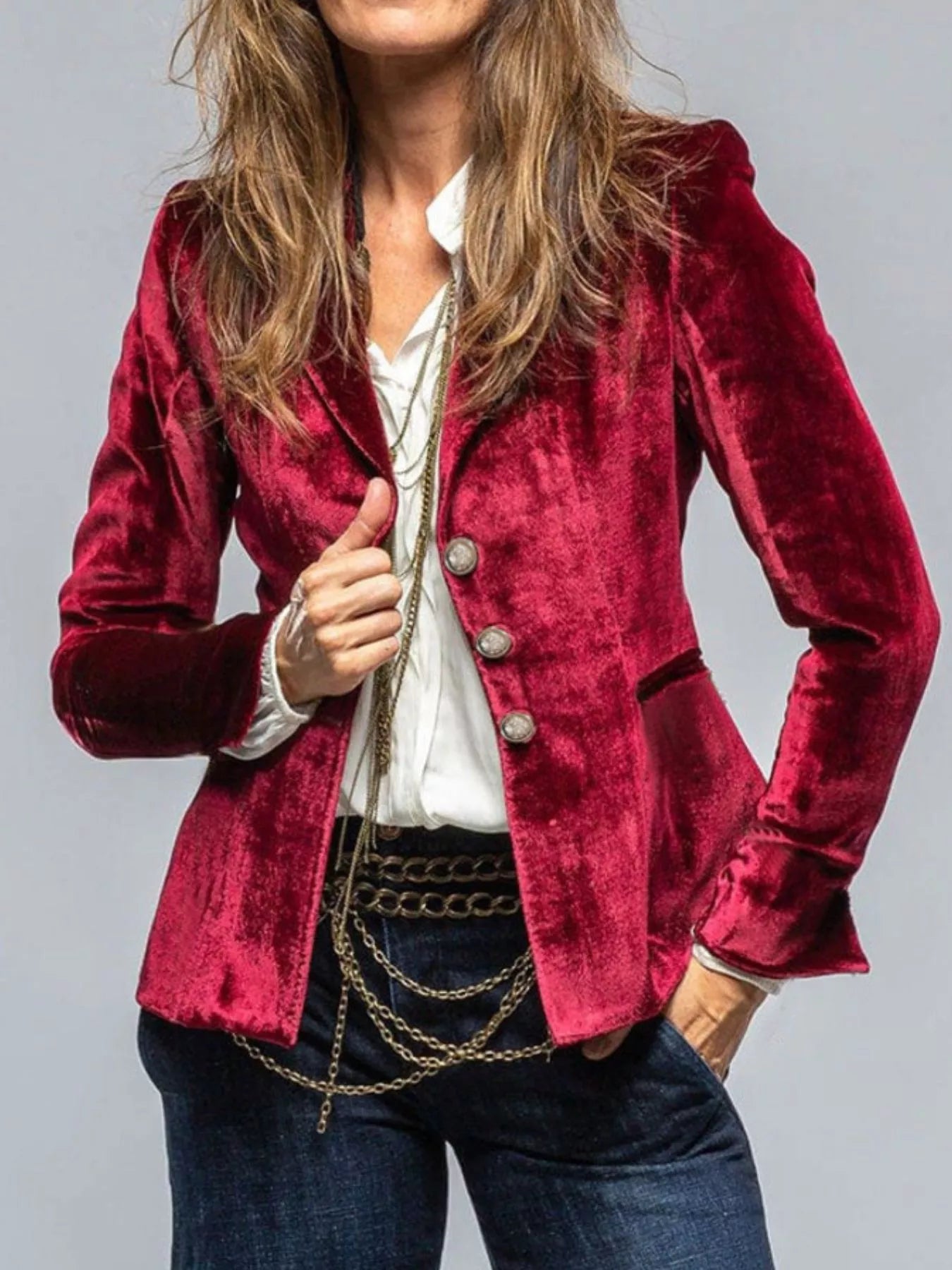 Velvet Lapel Collar Button Up Blazer - Flip Flop Dynasty
