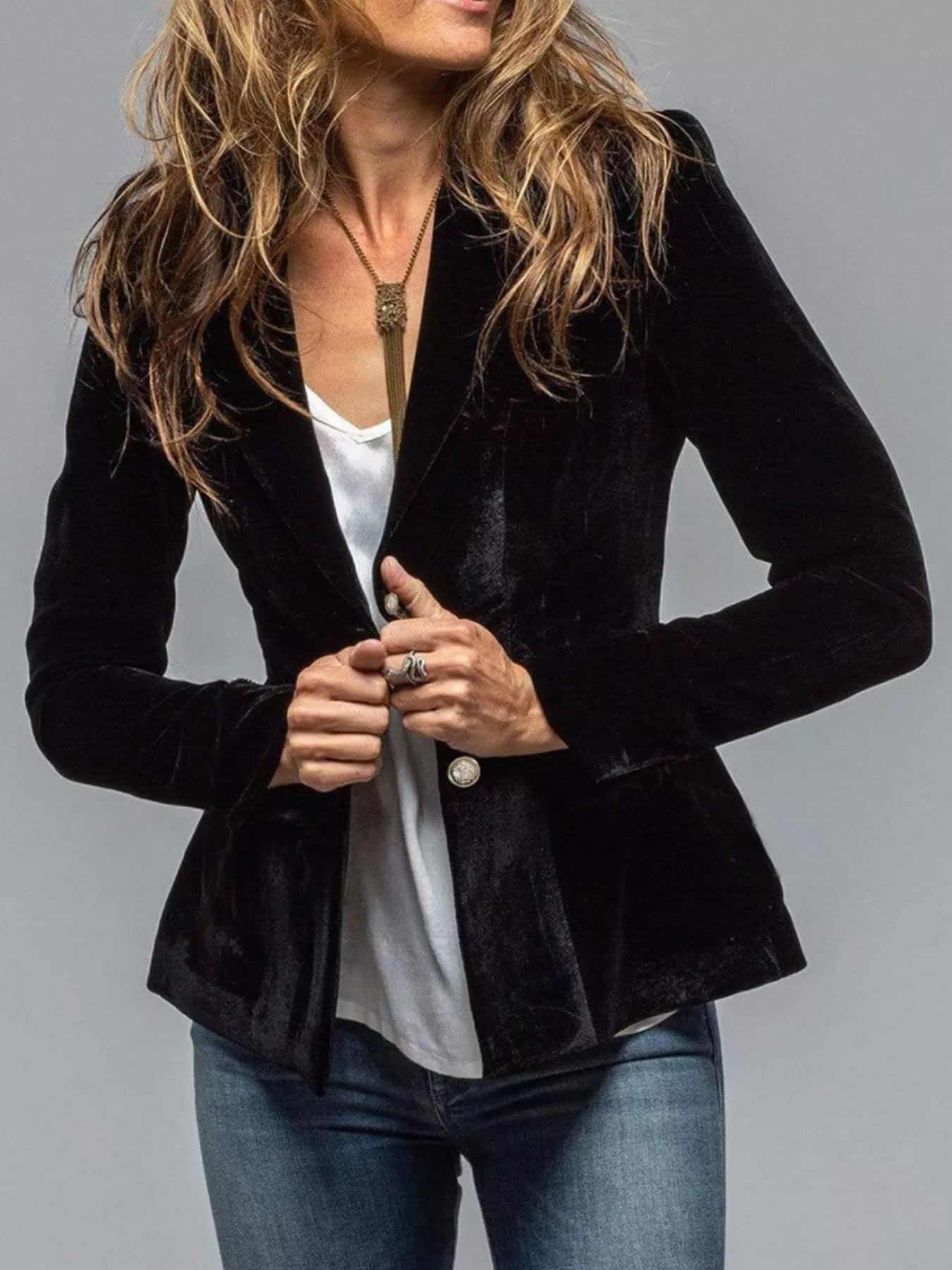 Velvet Lapel Collar Button Up Blazer - Flip Flop Dynasty