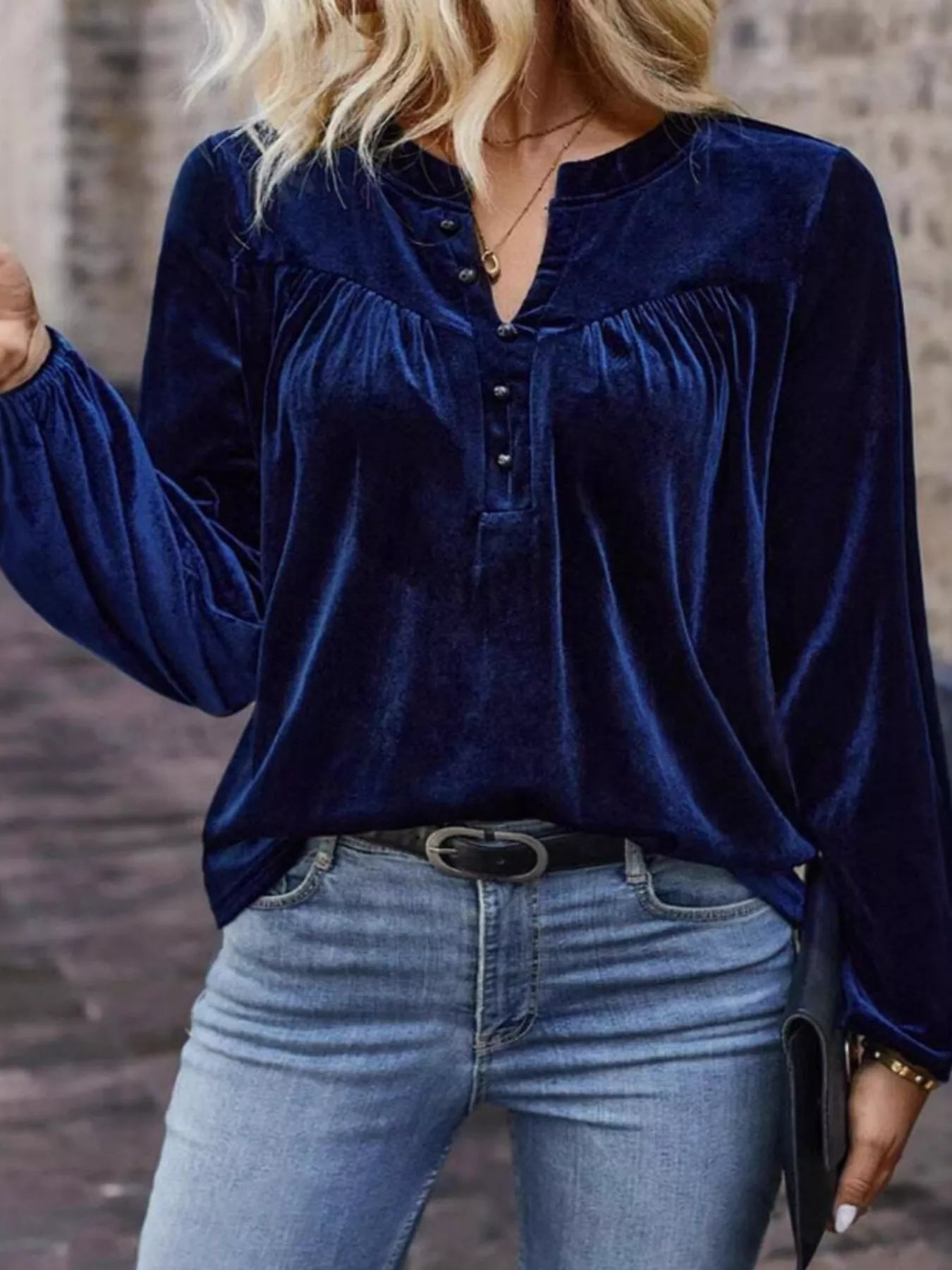 Velvet Notched Long Sleeve Blouse - Flip Flop Dynasty