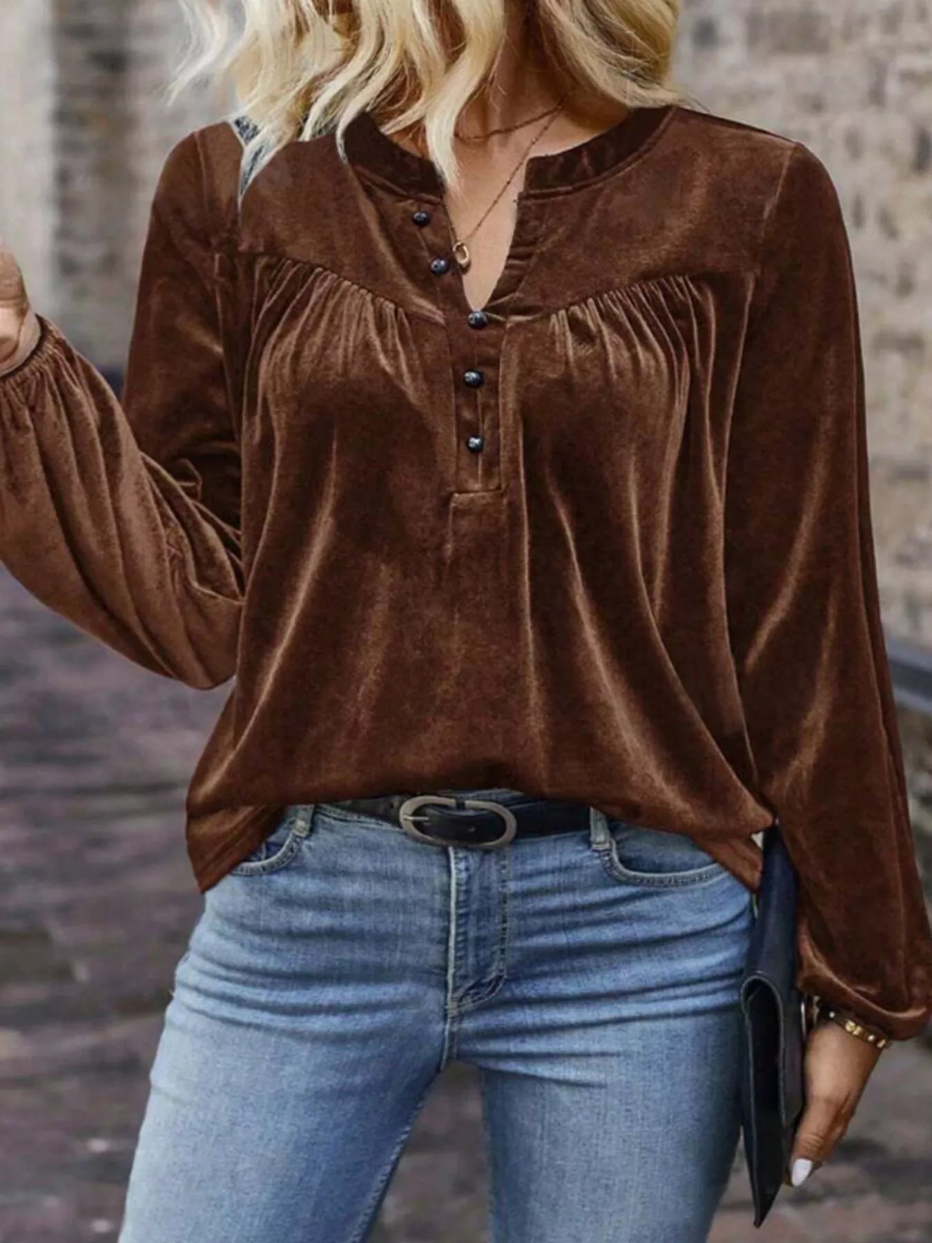 Velvet Notched Long Sleeve Blouse - Flip Flop Dynasty