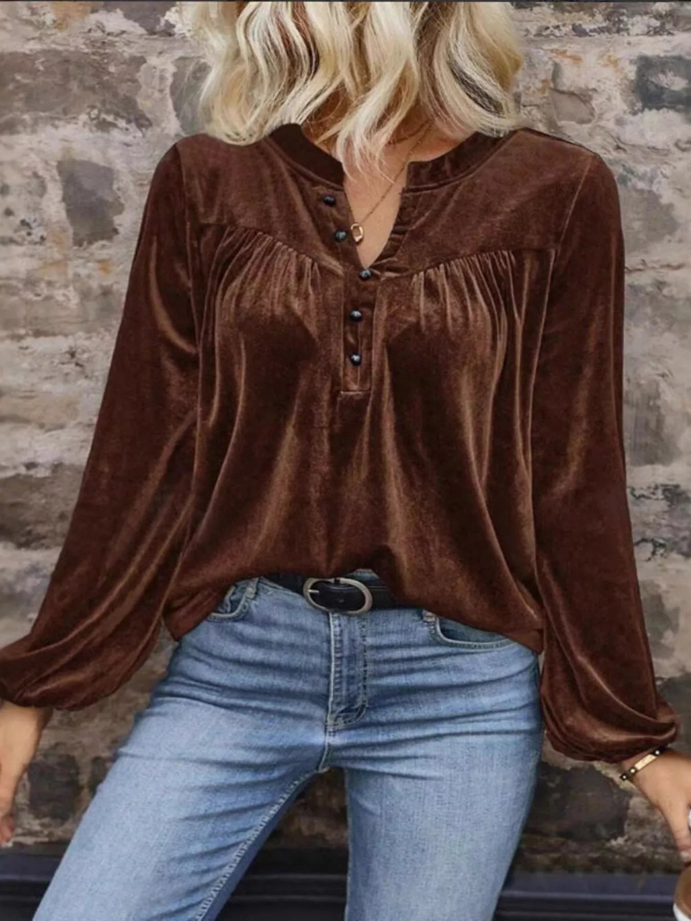 Velvet Notched Long Sleeve Blouse - Flip Flop Dynasty