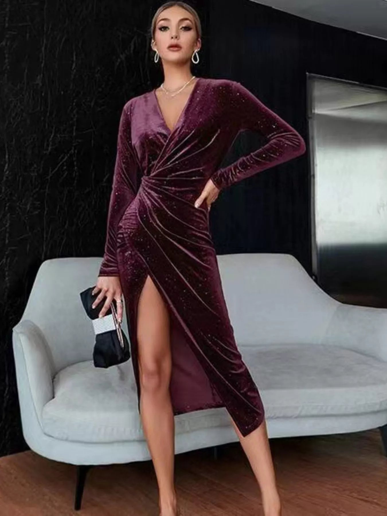 Velvet Ruched Slit Midi Dress - Flip Flop Dynasty