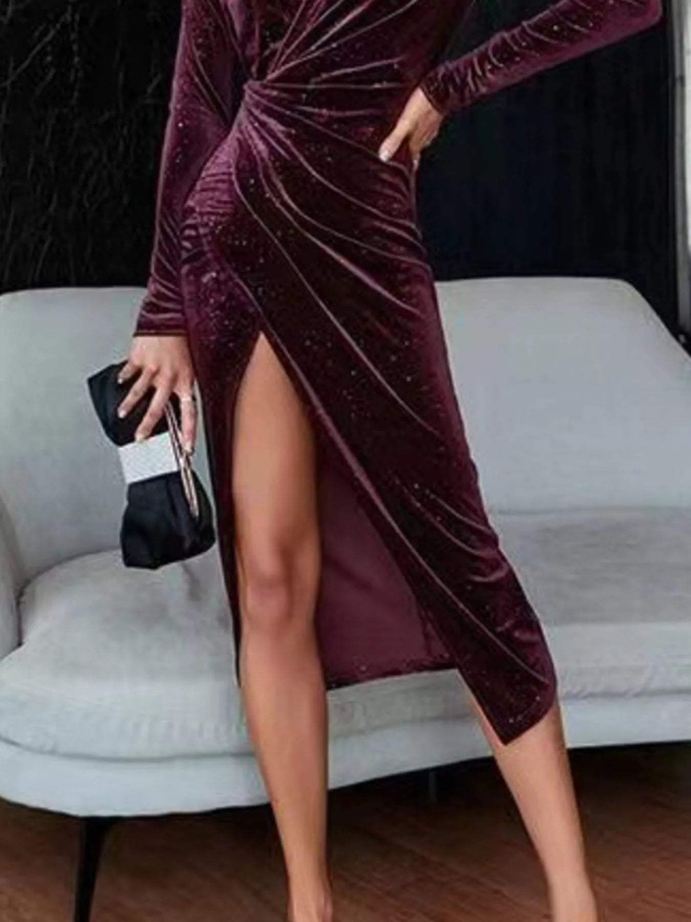 Velvet Ruched Slit Midi Dress - Flip Flop Dynasty