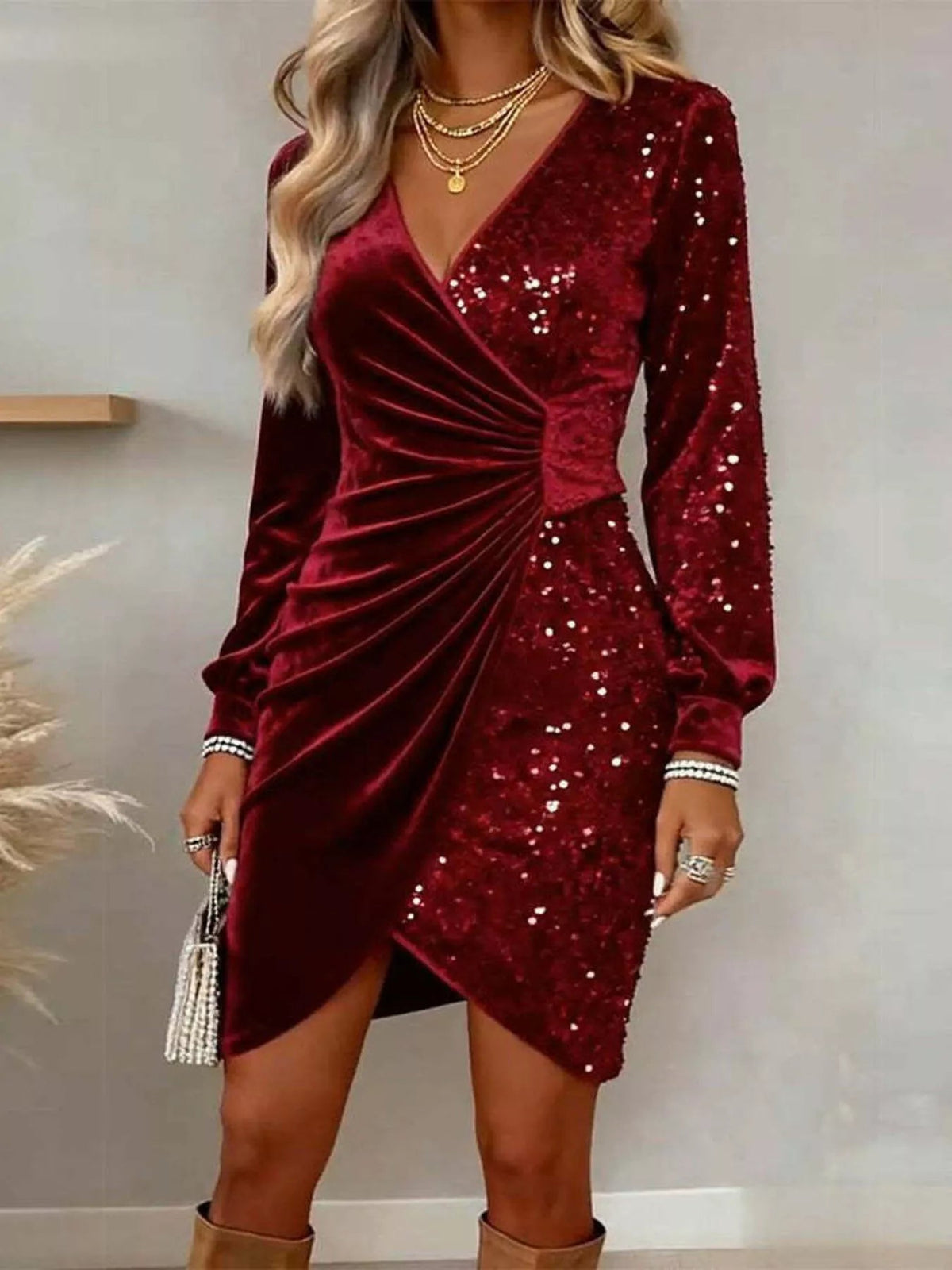 Velvet Sequin Long Sleeve Wrap Dress - Flip Flop Dynasty