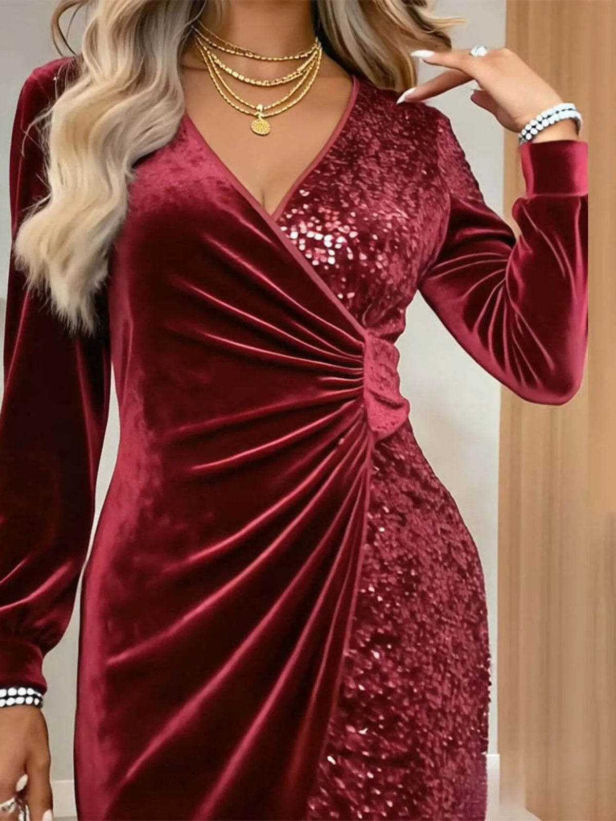 Velvet Sequin Long Sleeve Wrap Dress - Flip Flop Dynasty