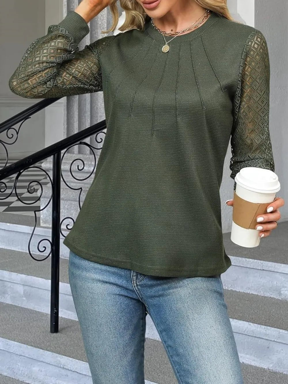 Waffle - Knit Round Neck Long Sleeve Blouse - Flip Flop Dynasty