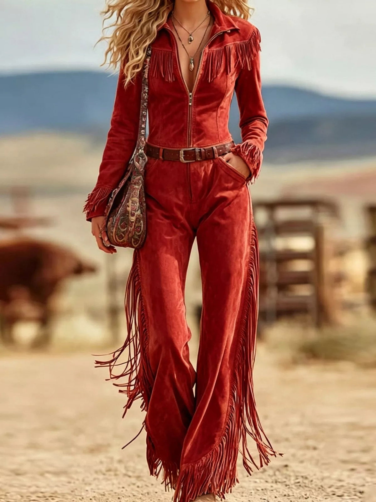 Western-Inspired Suede Fringe Jumpsuit with Zipper Front - Flip Flop Dynasty