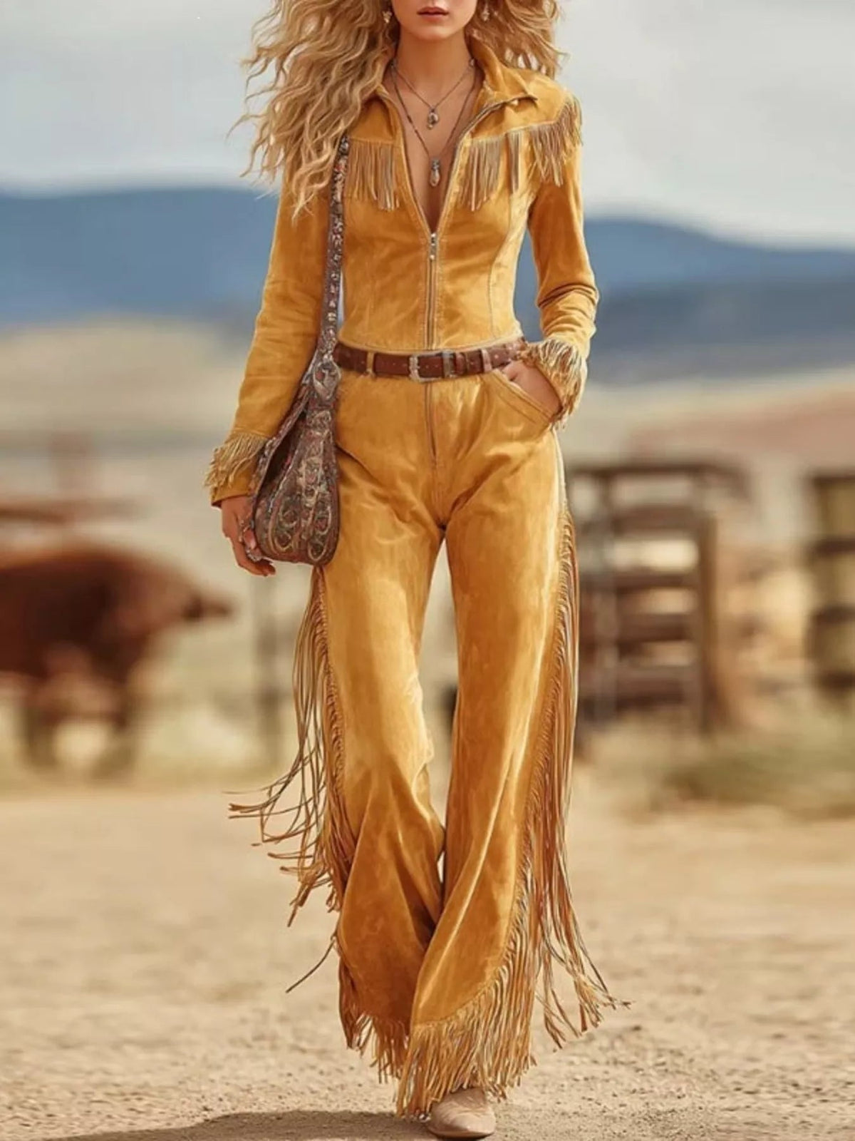 Western-Inspired Suede Fringe Jumpsuit with Zipper Front - Flip Flop Dynasty